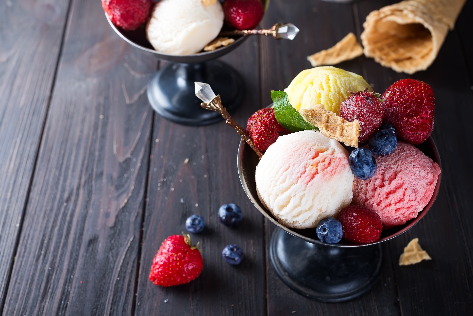 General 1920x1282 sweets fruit food waffles ice cream blueberries strawberries raspberries mint leaves wooden surface ice