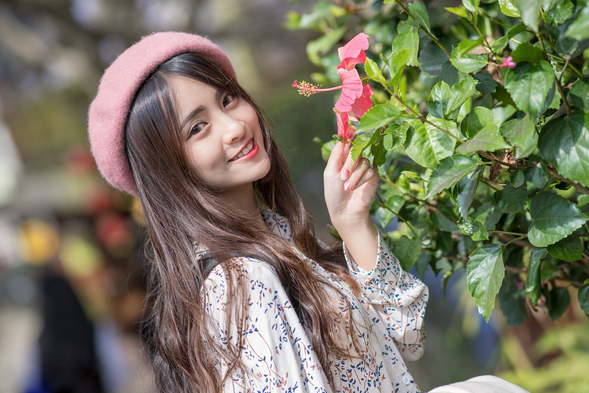People 2048x1366 Asian women model long hair depth of field brunette flowers berets smiling