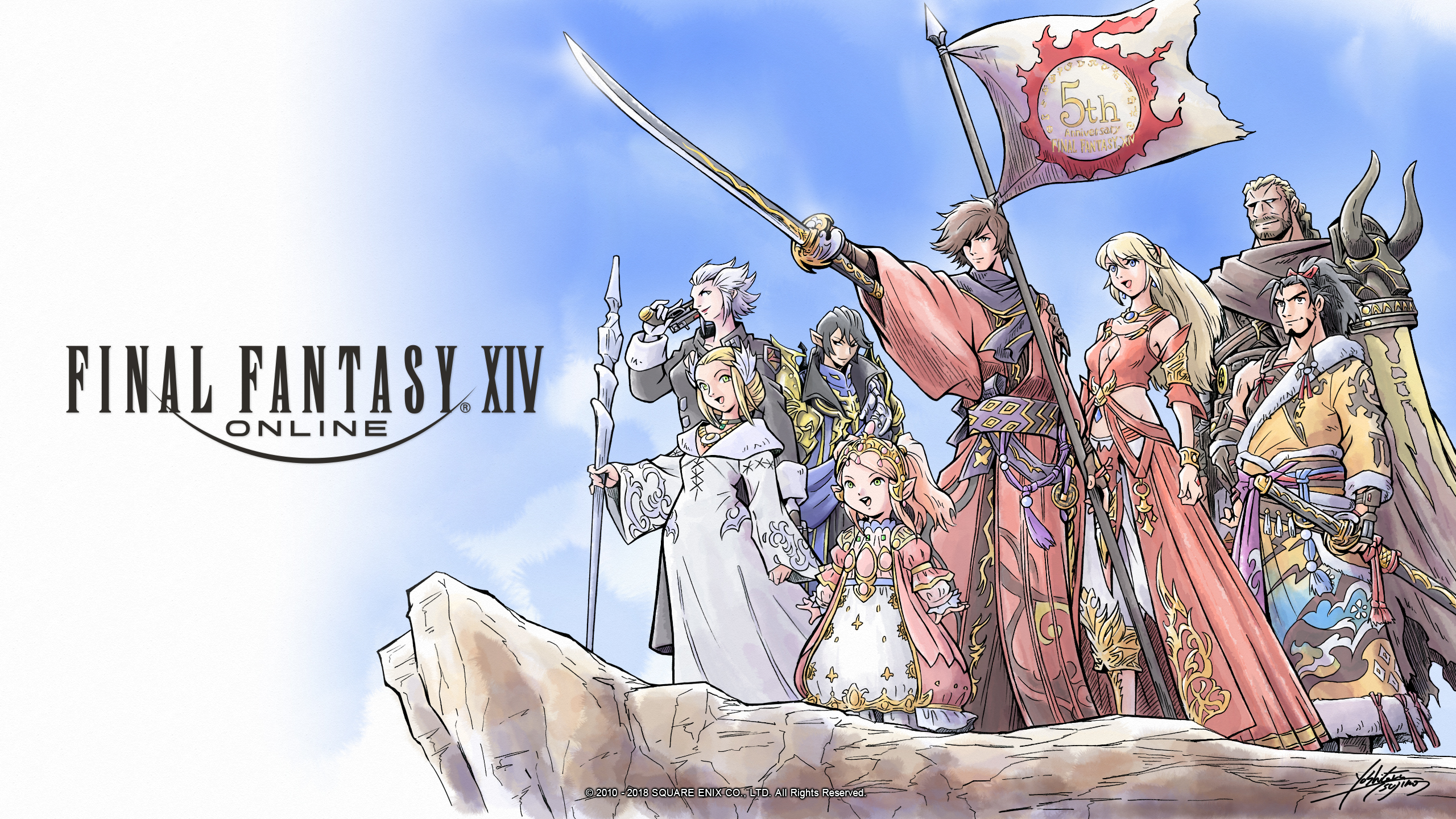 General 2560x1440 Final Fantasy XIV: A Realm Reborn MMORPG Square Enix video game characters flag video games standing video game girls digital art video game men long hair pointy ears watermarked signature anniversary