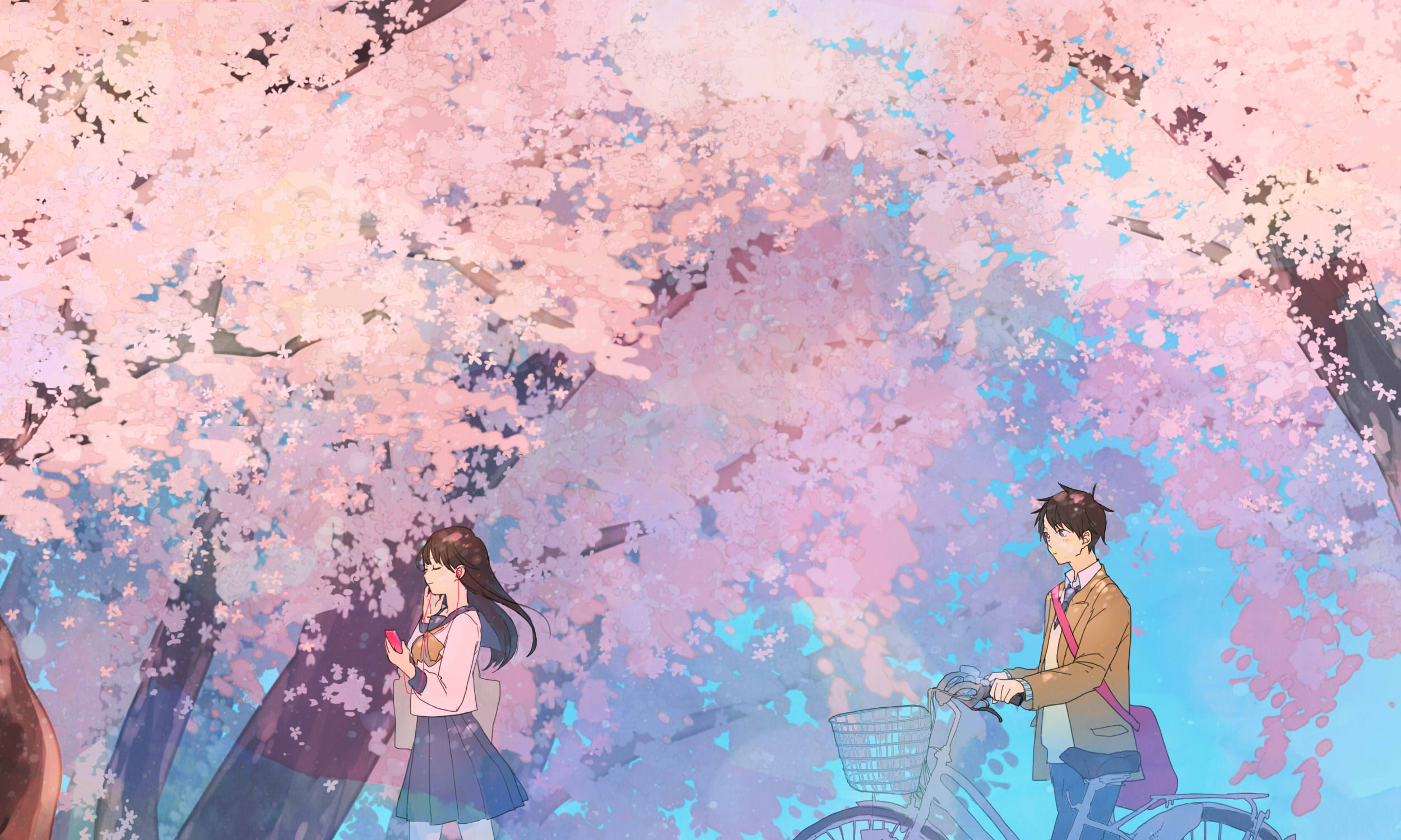 Anime 2500x1500 cherry blossom nature spring sailor uniform school uniform bicycle earphones blushing trees anime