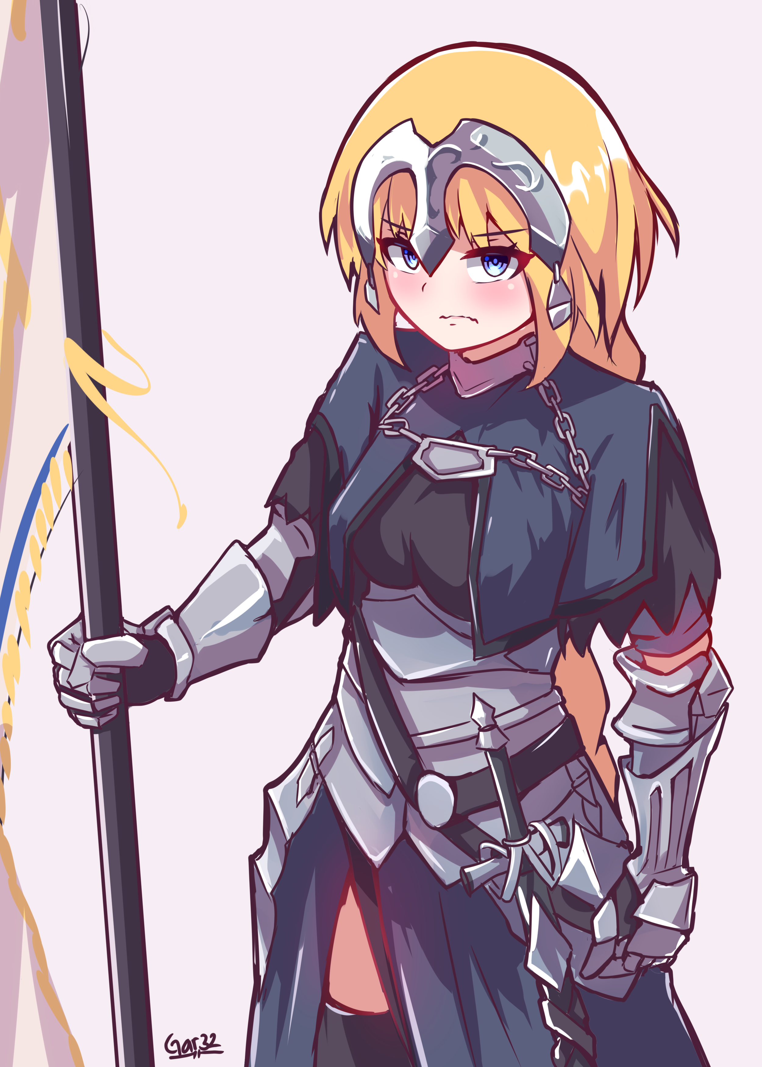 Anime 2500x3500 Fate series Fate/Apocrypha  anime girls Ruler (Fate/Apocrypha) Jeanne d'Arc (Fate) 2D big boobs thighs female warrior armor Fate/Grand Order simple background blushing long hair blue eyes looking at viewer fan art blonde