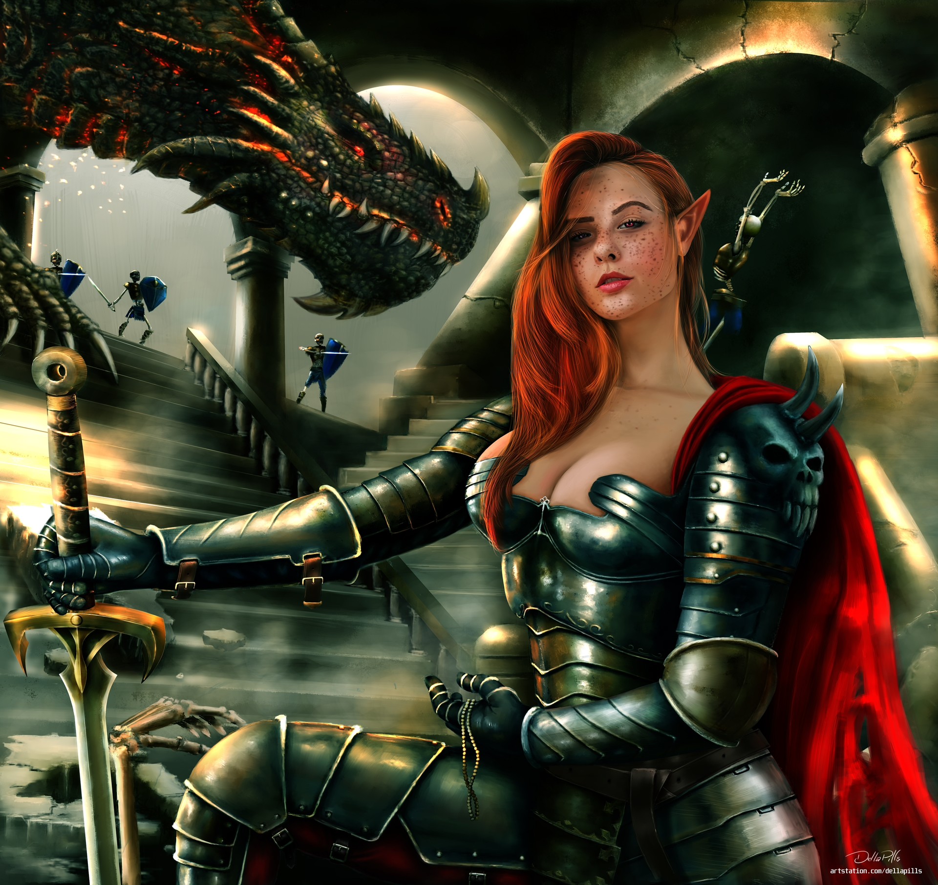 General 1920x1811 DellaPills redhead fantasy girl fantasy art boobs dragon creature sword elves armor