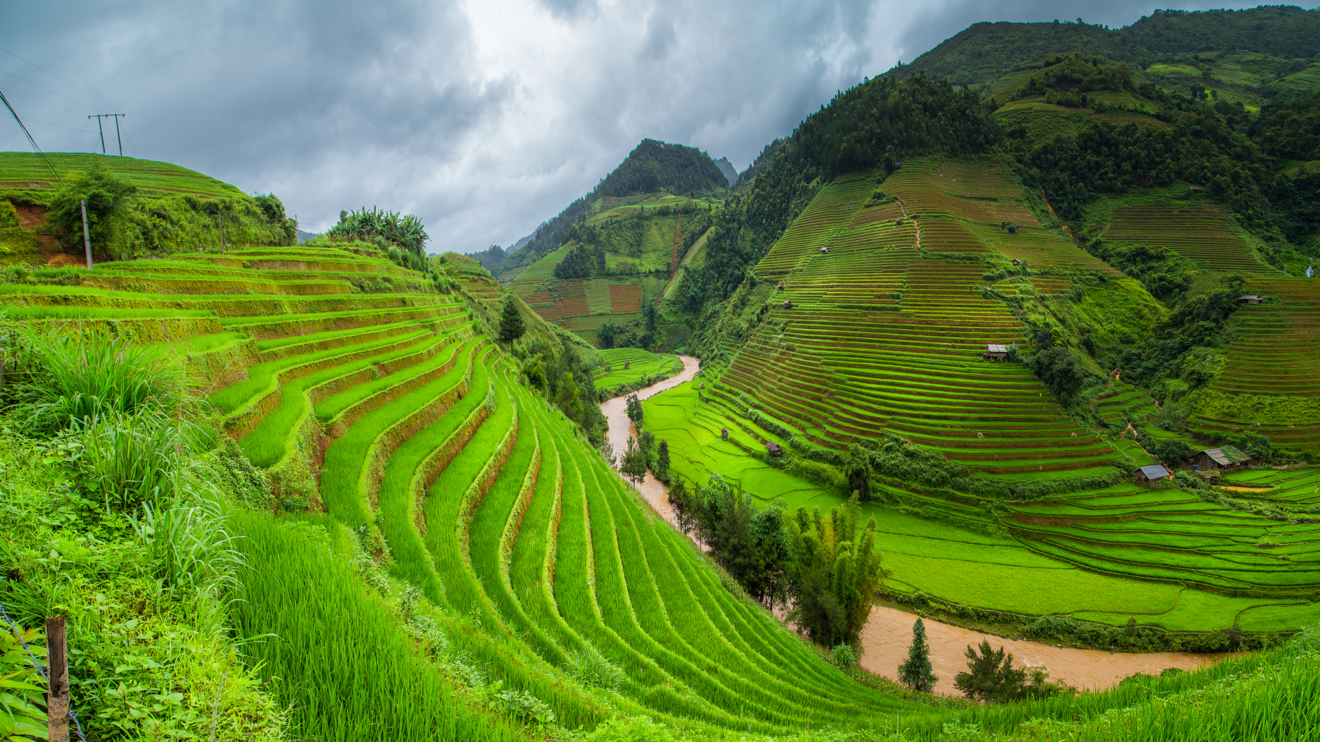 General 1920x1080 nature landscape clouds terraced field rice fields rice paddy valley Asia river green grass trees