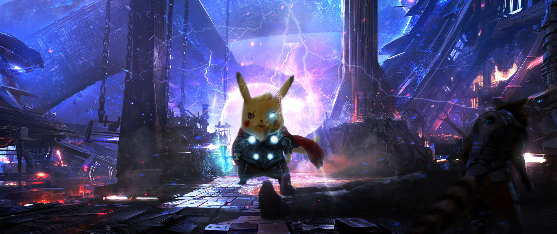 Anime 1900x800 Pikachu Thor : Ragnarok Avengers Endgame photoshopped anime lightning galaxy Pokémon