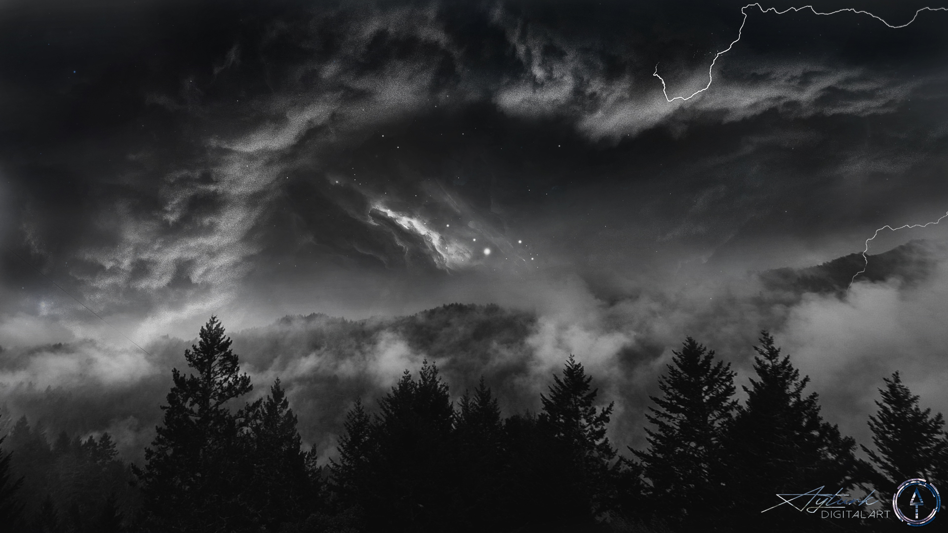 General 1920x1080 storm lightning nature digital art photo manipulation landscape forest artwork mountains gray