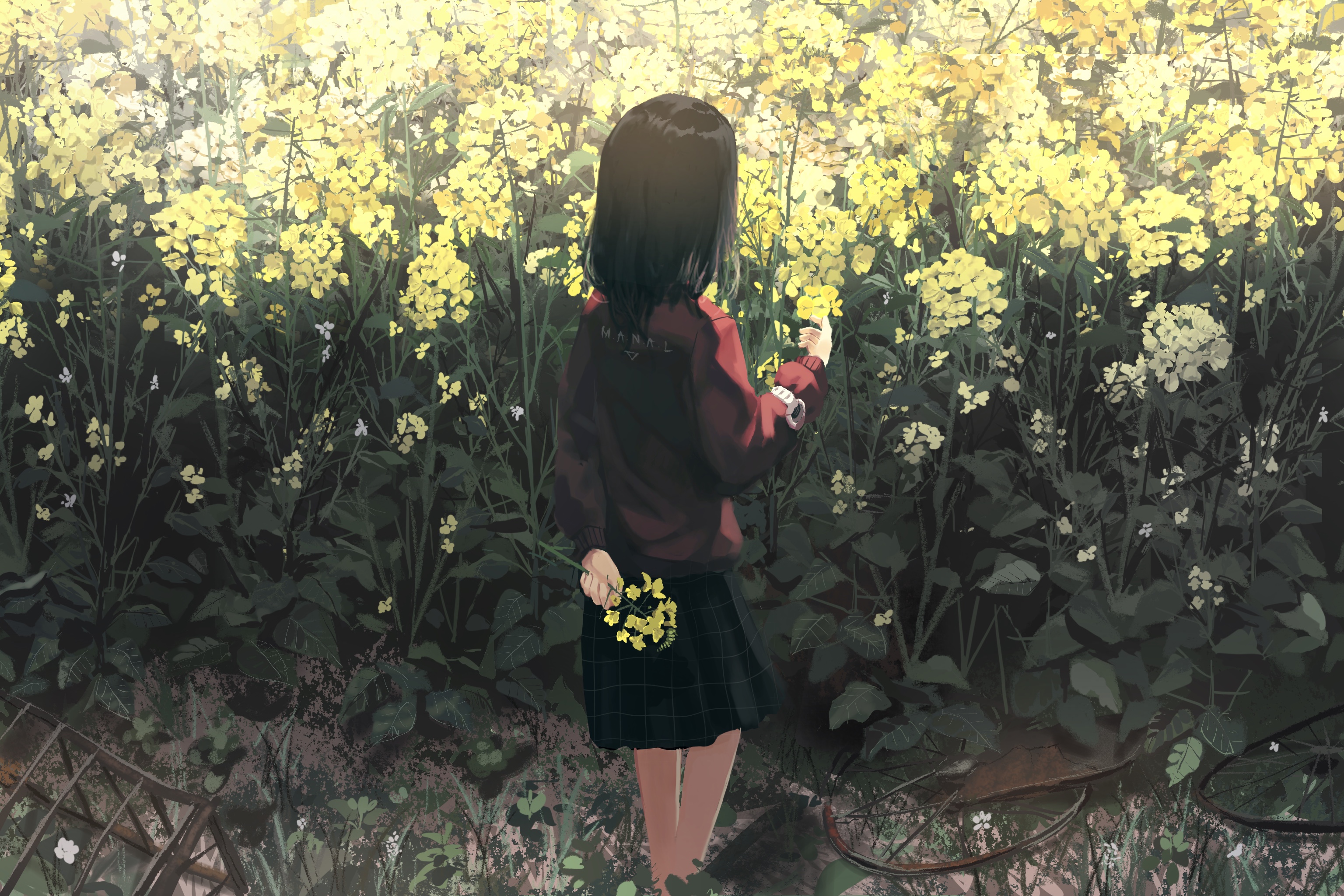 Anime 3072x2048 flowers yellow flowers anime rust wheels