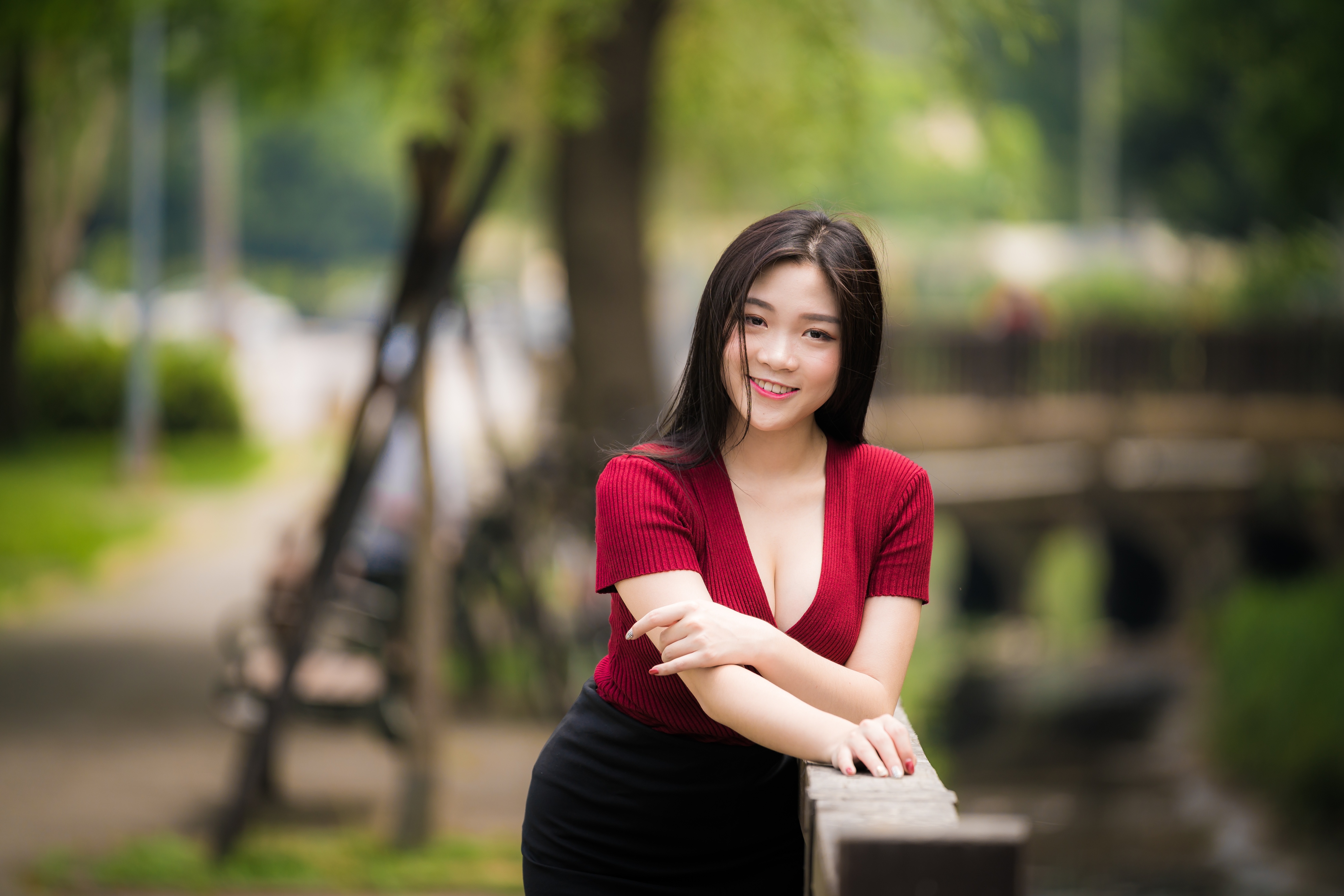 People 4562x3043 Asian women model long hair brunette depth of field red tops skirt looking at viewer leaning railing cleavage smiling women outdoors