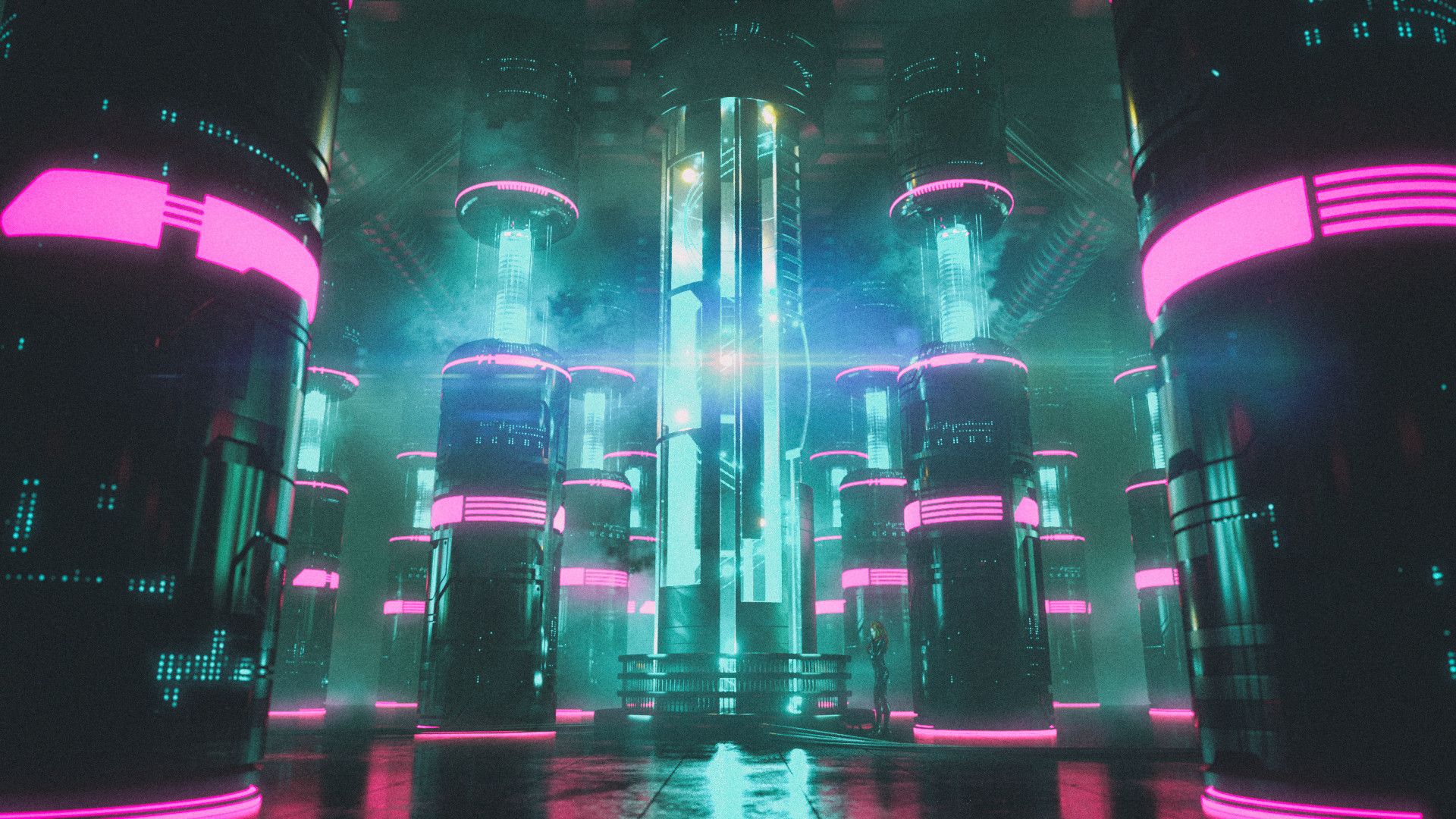 General 1920x1080 David Legnon cyberpunk engine room pillar neon pink blue smoke science fiction cyan