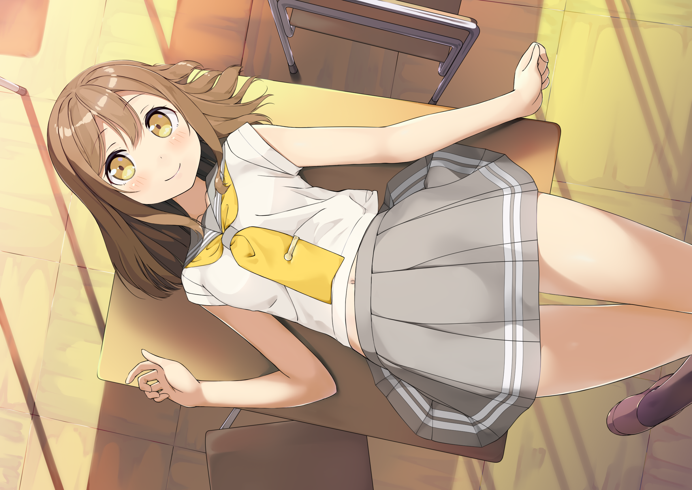 Anime 2400x1700 Love Live! brunette skirt school uniform yellow eyes blushing short hair belly button