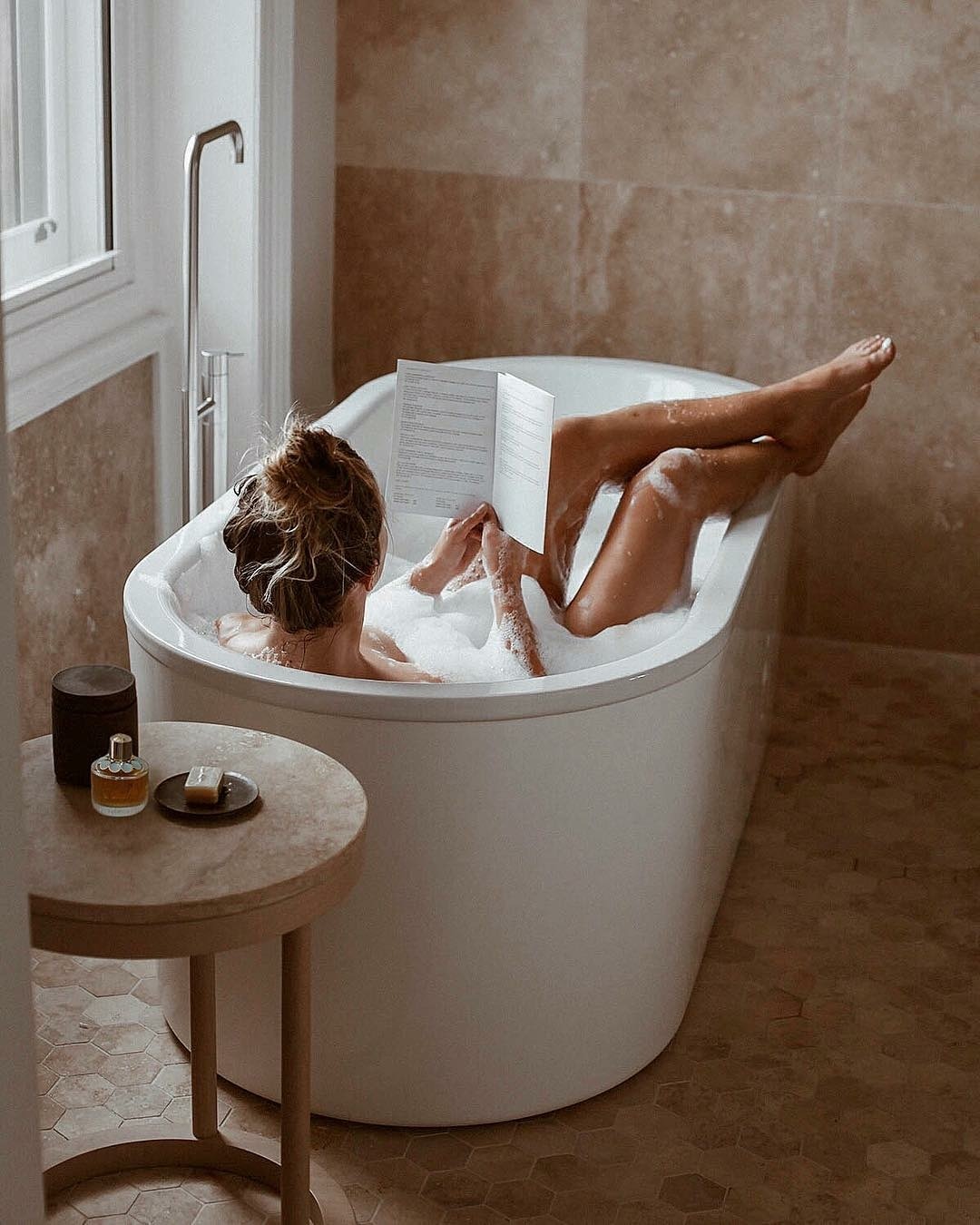 People 1080x1350 bathtub in bathtub legs women model Alexander Deniskin women indoors rear view barefoot reading