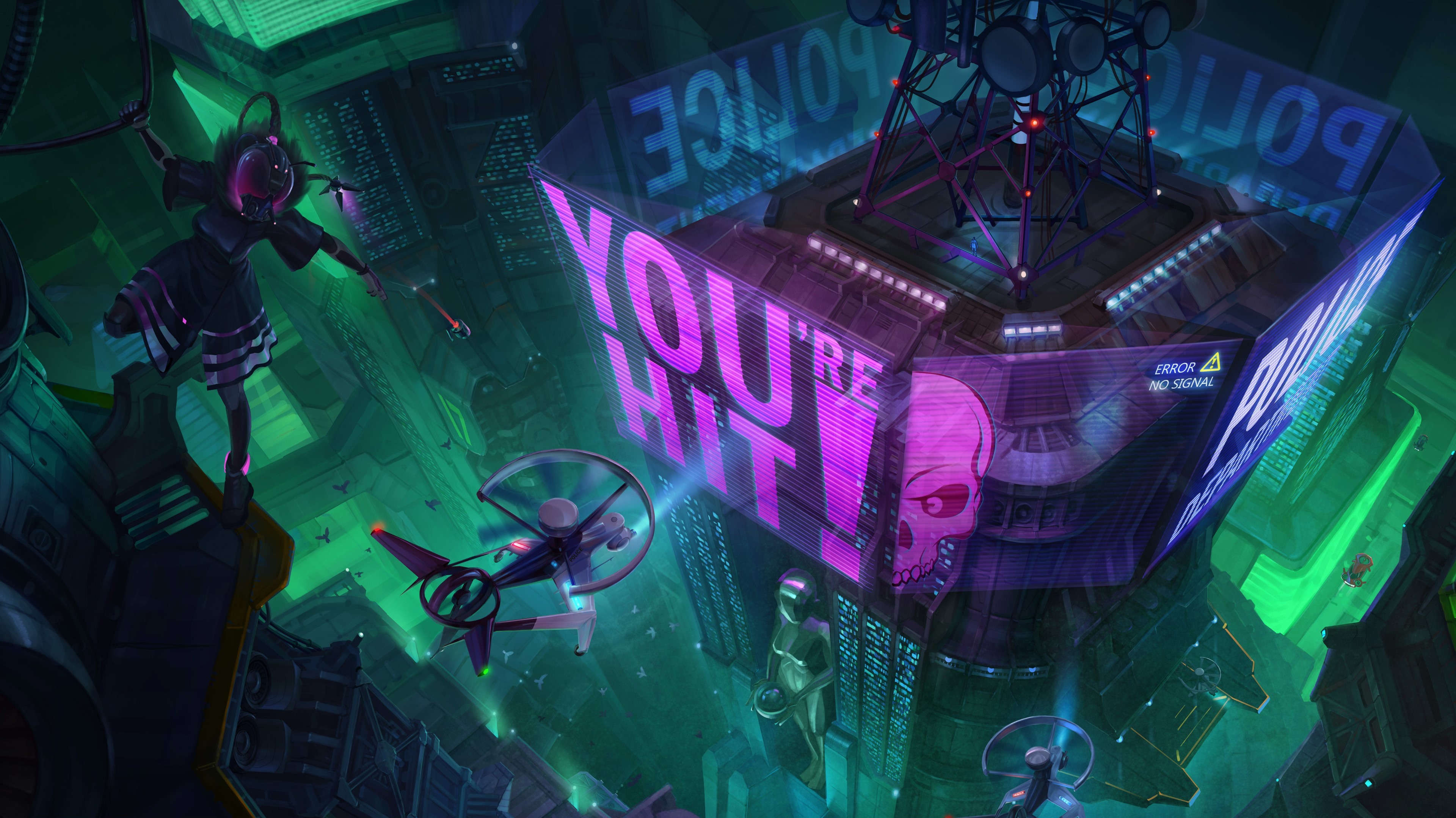 General 3840x2157 futuristic city futuristic artwork cyberpunk hologram helicopters cityscape high angle