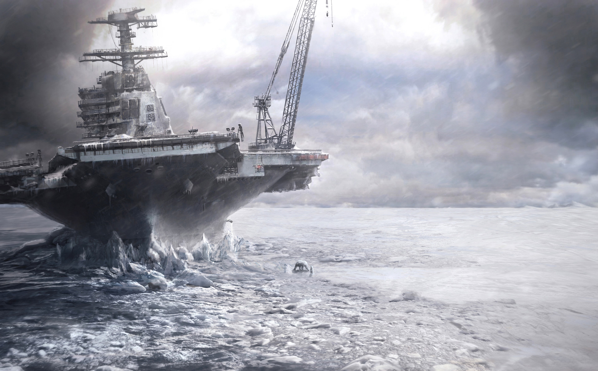 General 1920x1192 digital art Viktor Póda Battleships Arctic ice polar bears cranes (machine) frost clouds