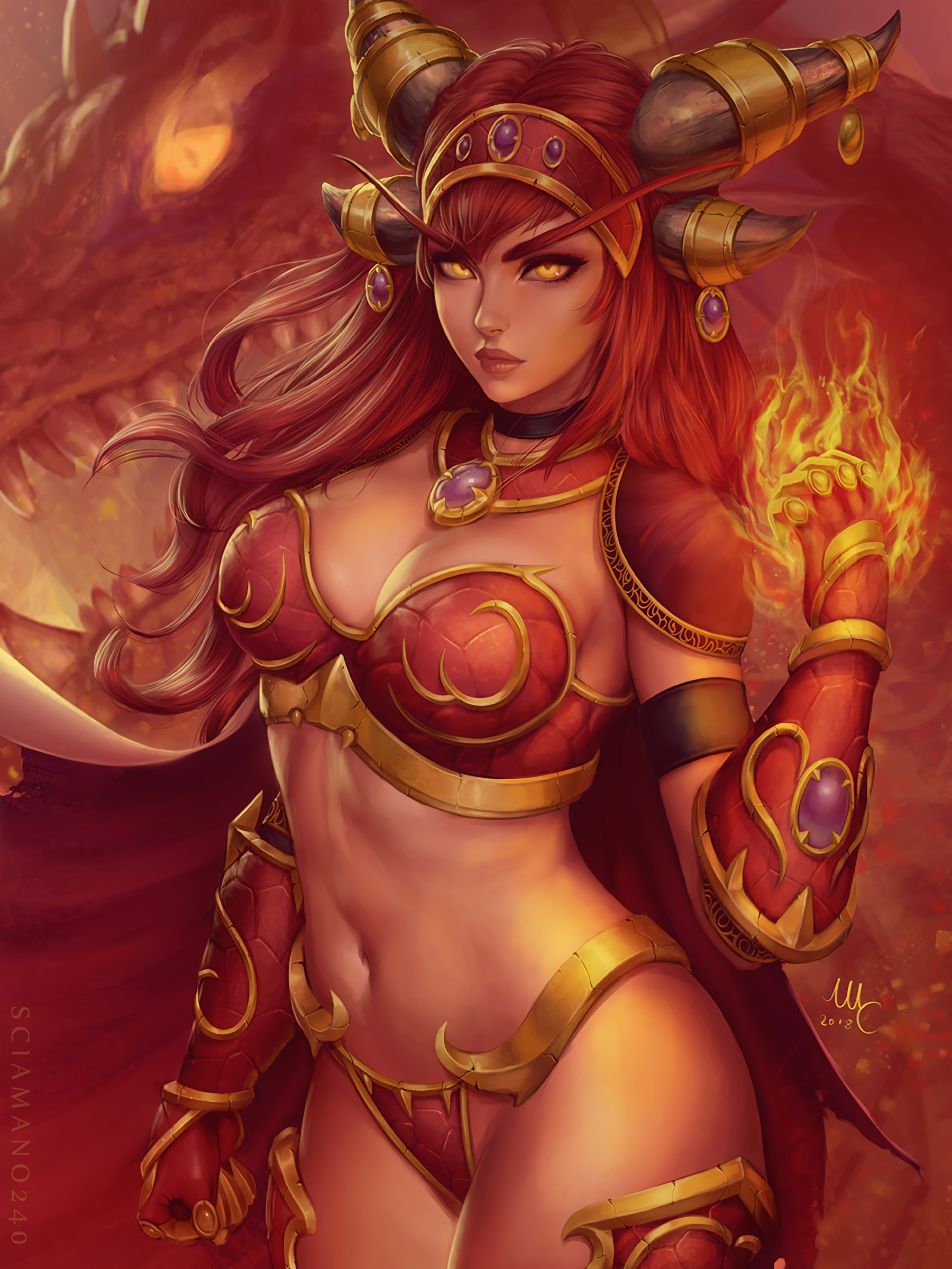 General 1800x2400 digital art artwork women redhead Mirco Cabbia looking at viewer Blizzard Entertainment tight clothing Alexstraza Alexstrasza Warcraft World of Warcraft video games yellow eyes horns belly cleavage choker