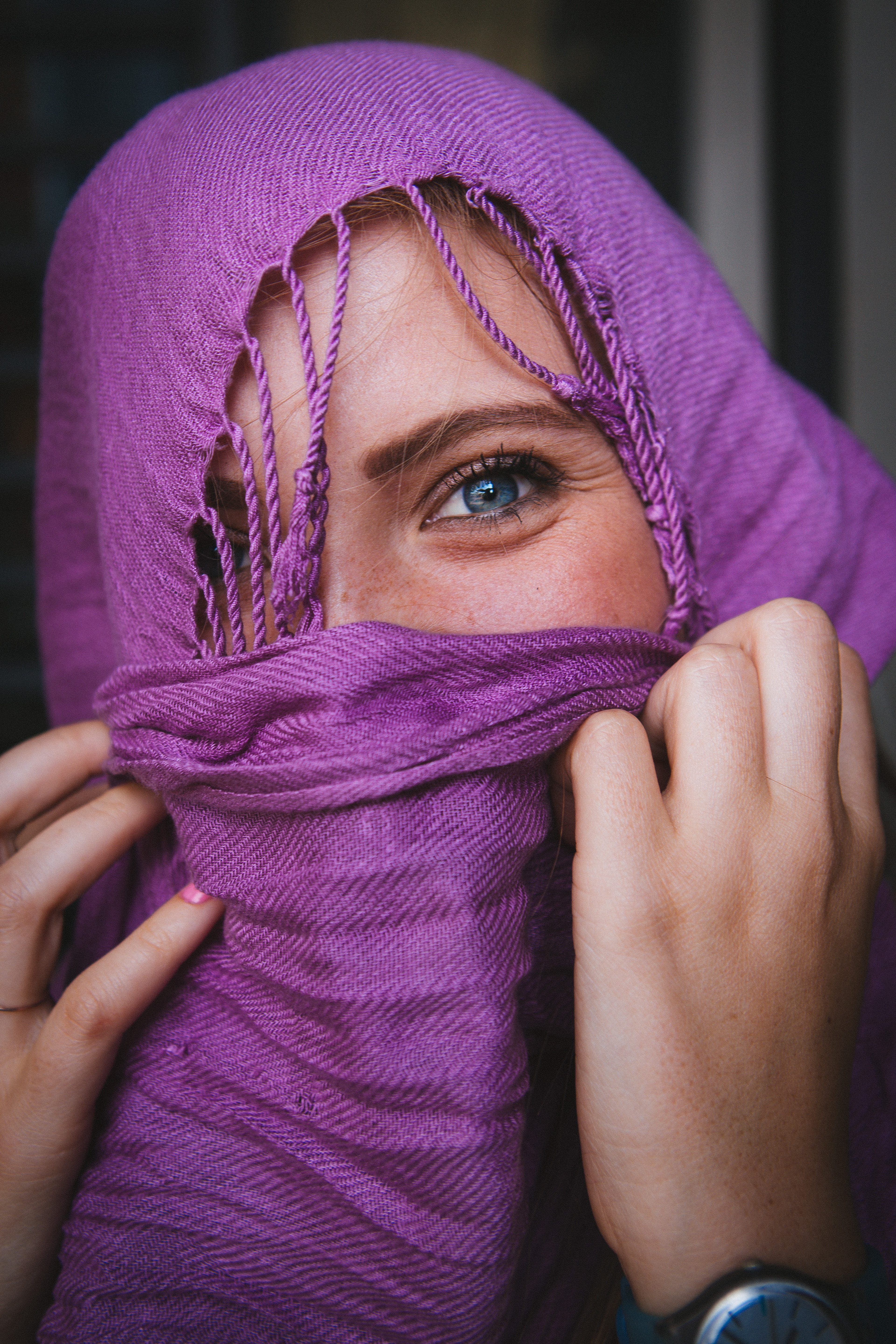 People 3840x5760 purple women blue eyes scarf portrait display closeup