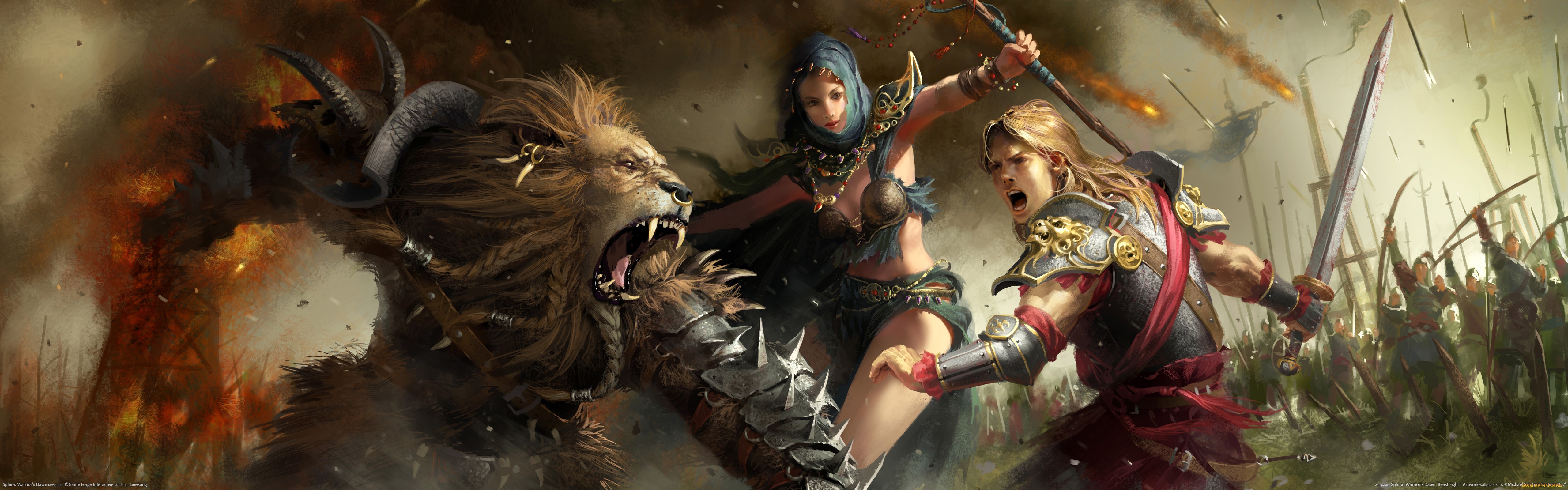 General 5120x1600 artwork warrior women lion sword war fantasy art digital art painting video games