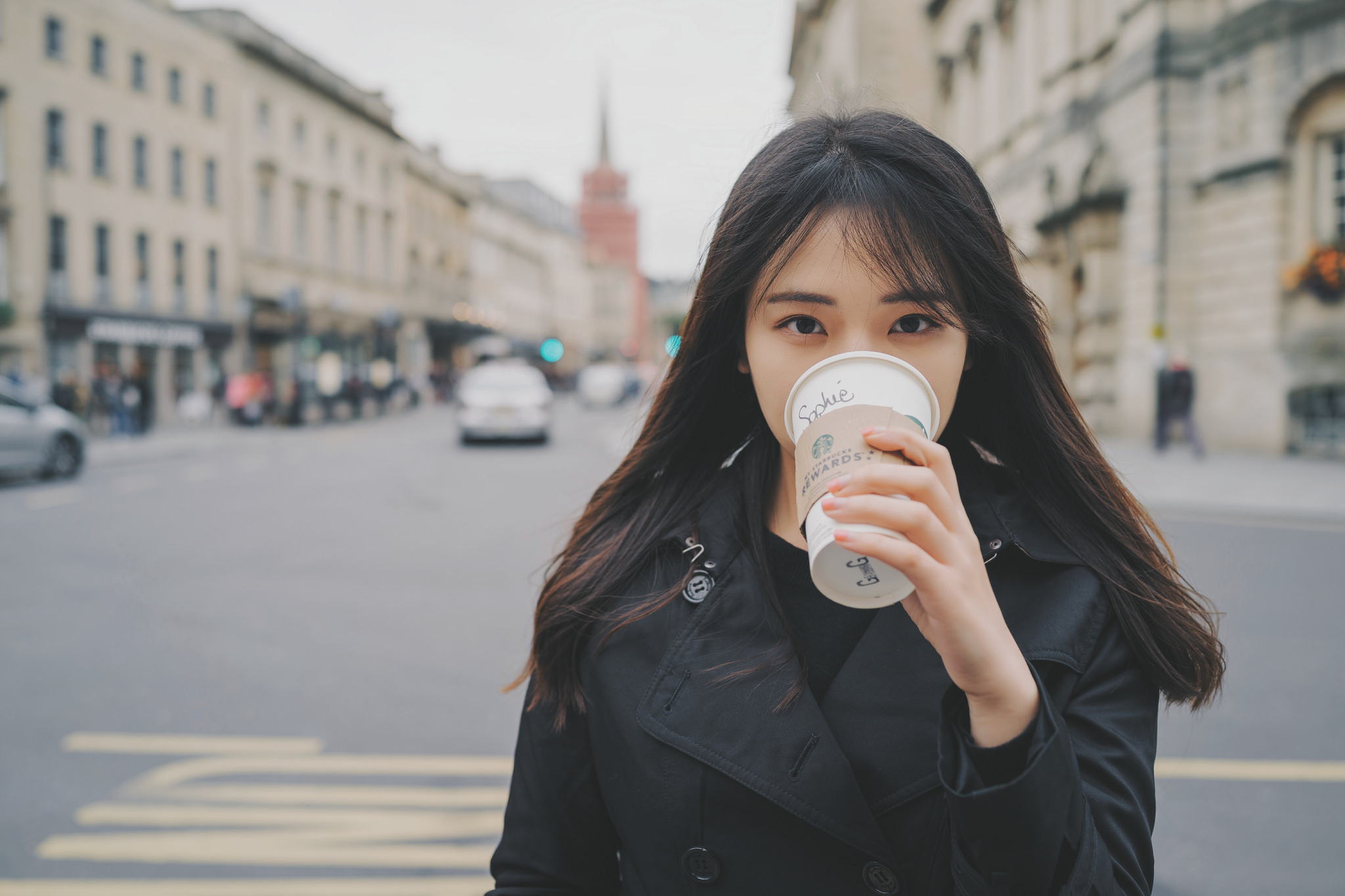 People 2048x1365 Asian women women outdoors coffee Starbucks black coat coats