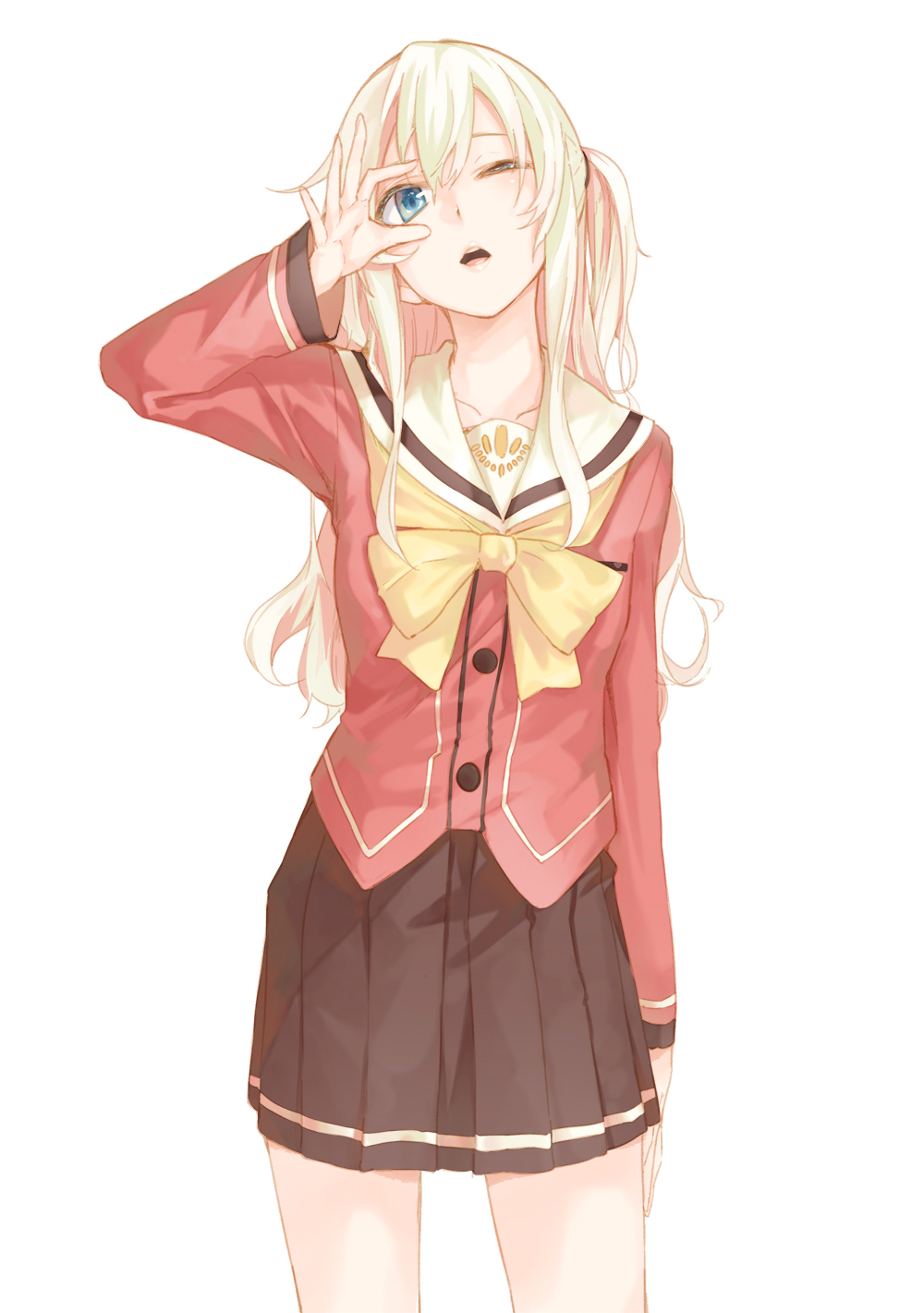 Anime 1000x1421 anime anime girls Charlotte (anime) Tomori Nao blue eyes simple background La-Na one eye closed school uniform JK 2D small boobs thighs long hair ponytail open mouth looking at viewer portrait display fan art blonde
