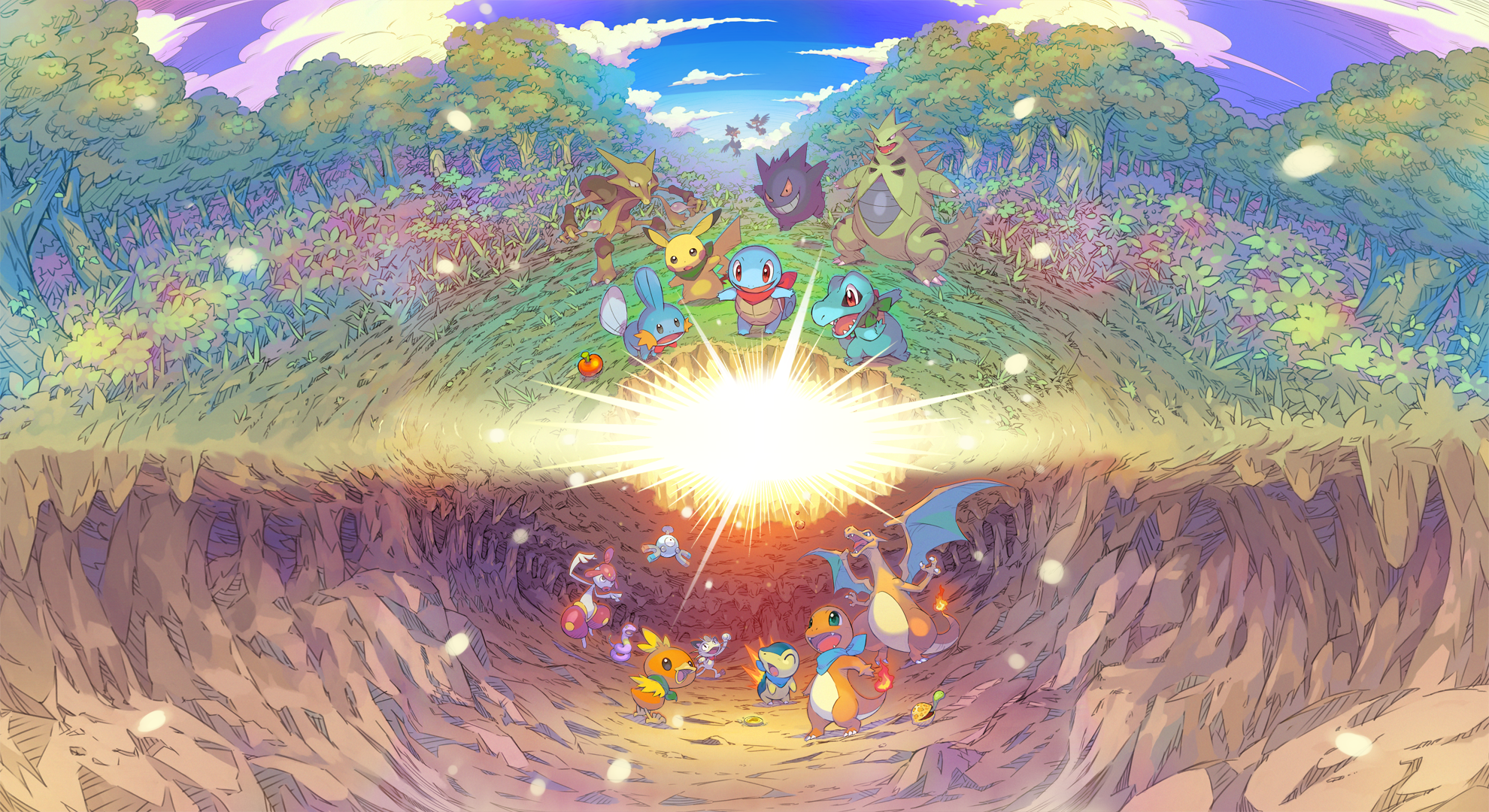 Anime 1980x1080 Pokémon Mystery Dungeon Pikachu forest cave Charizard Squirtle Totodile Mudkip Torchic  Charmander Pokémon anime
