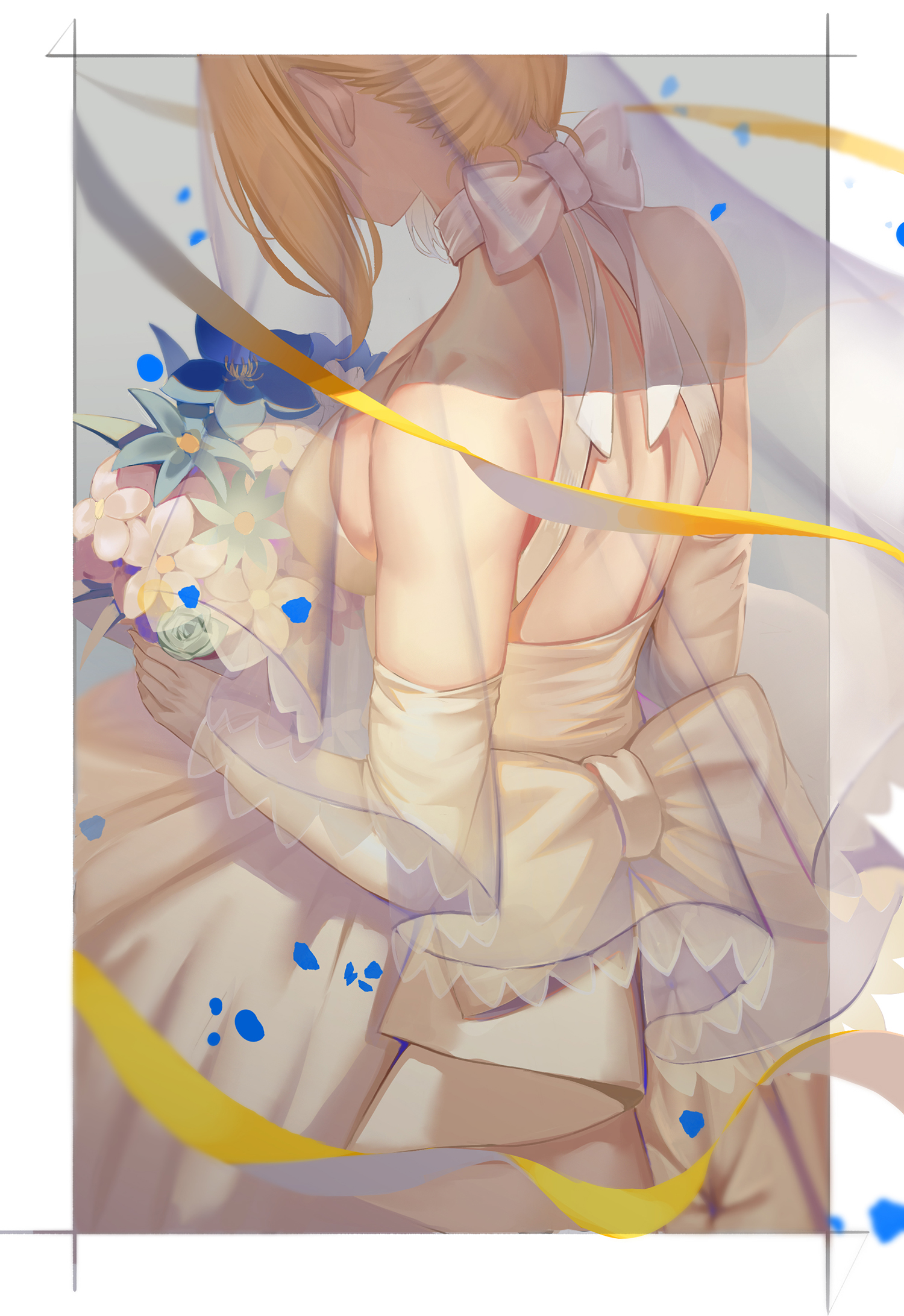 Anime 1500x2183 Fate series Fate/Grand Order Fate/Stay Night anime girls 2D portrait display no bra wedding dress Saber fan art bouquets blonde Artoria Pendragon