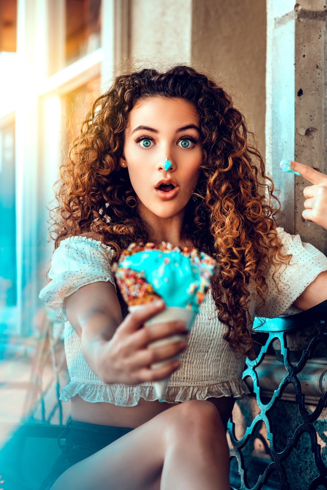 People 1118x1676 women model redhead long hair Sofie Dossi curly hair face portrait display blue eyes open mouth ice cream depth of field white tops legs frontal view