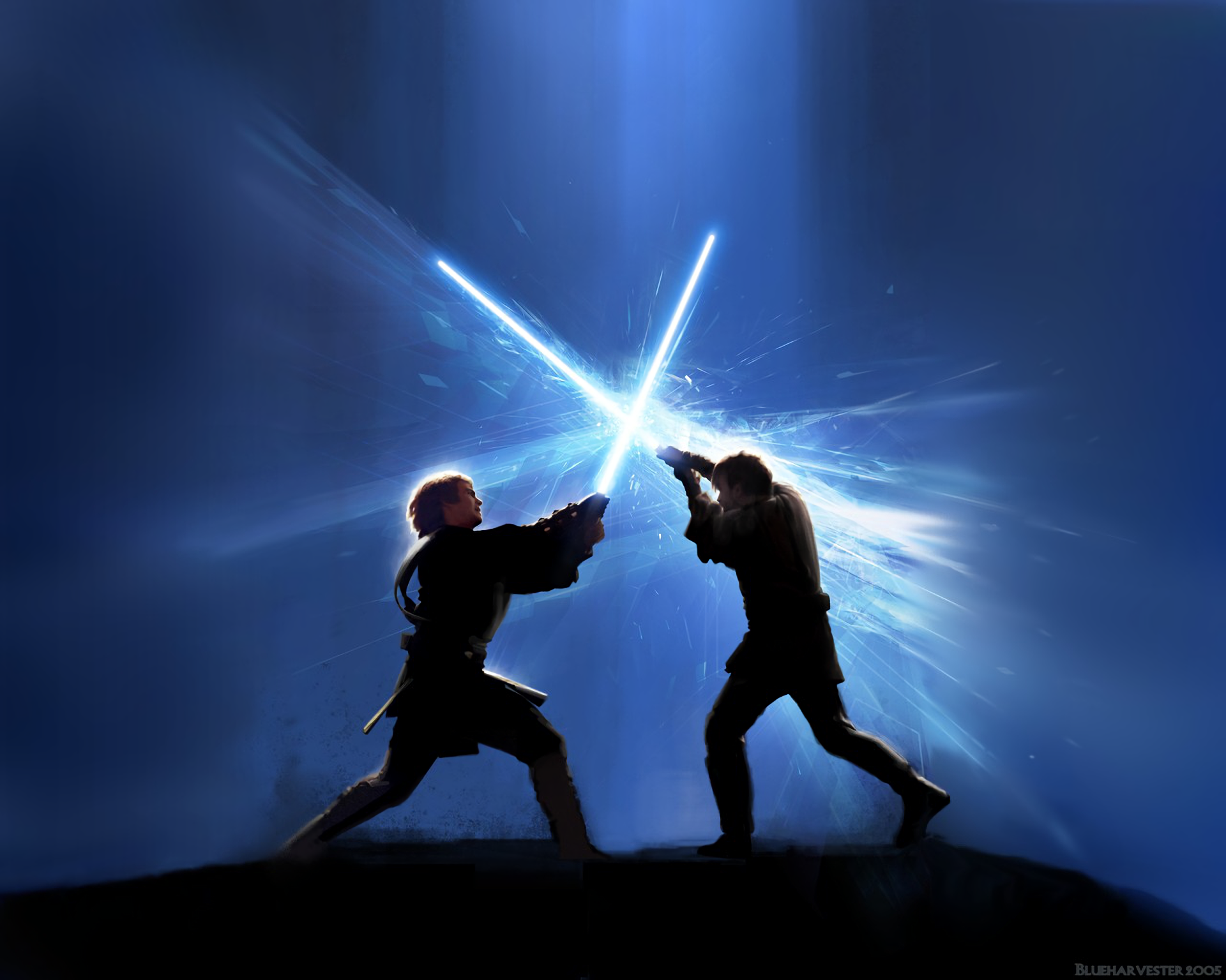 General 1920x1536 Star Wars Jedi Sith laser swords Darth Vader Anakin Skywalker lightsaber Obi-Wan Kenobi Star Wars: Episode III - The Revenge of the Sith men fighting blue background 2005 (Year) watermarked boots