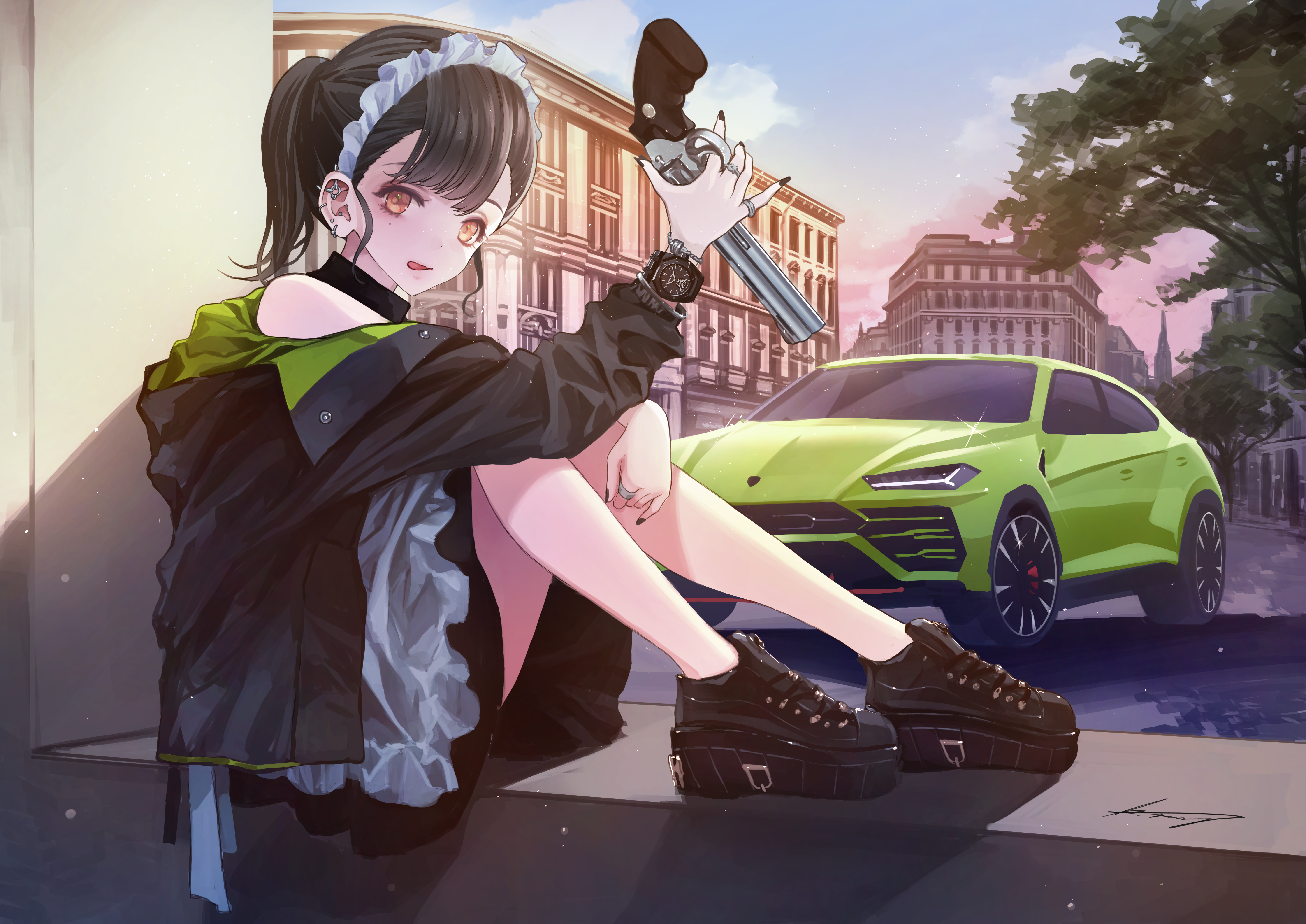 Anime 5787x4093 anime anime girls digital art artwork 2D portrait car Lamborghini Urus gun black hair ponytail brown eyes licking lips maid outfit holding knees koh Lamborghini
