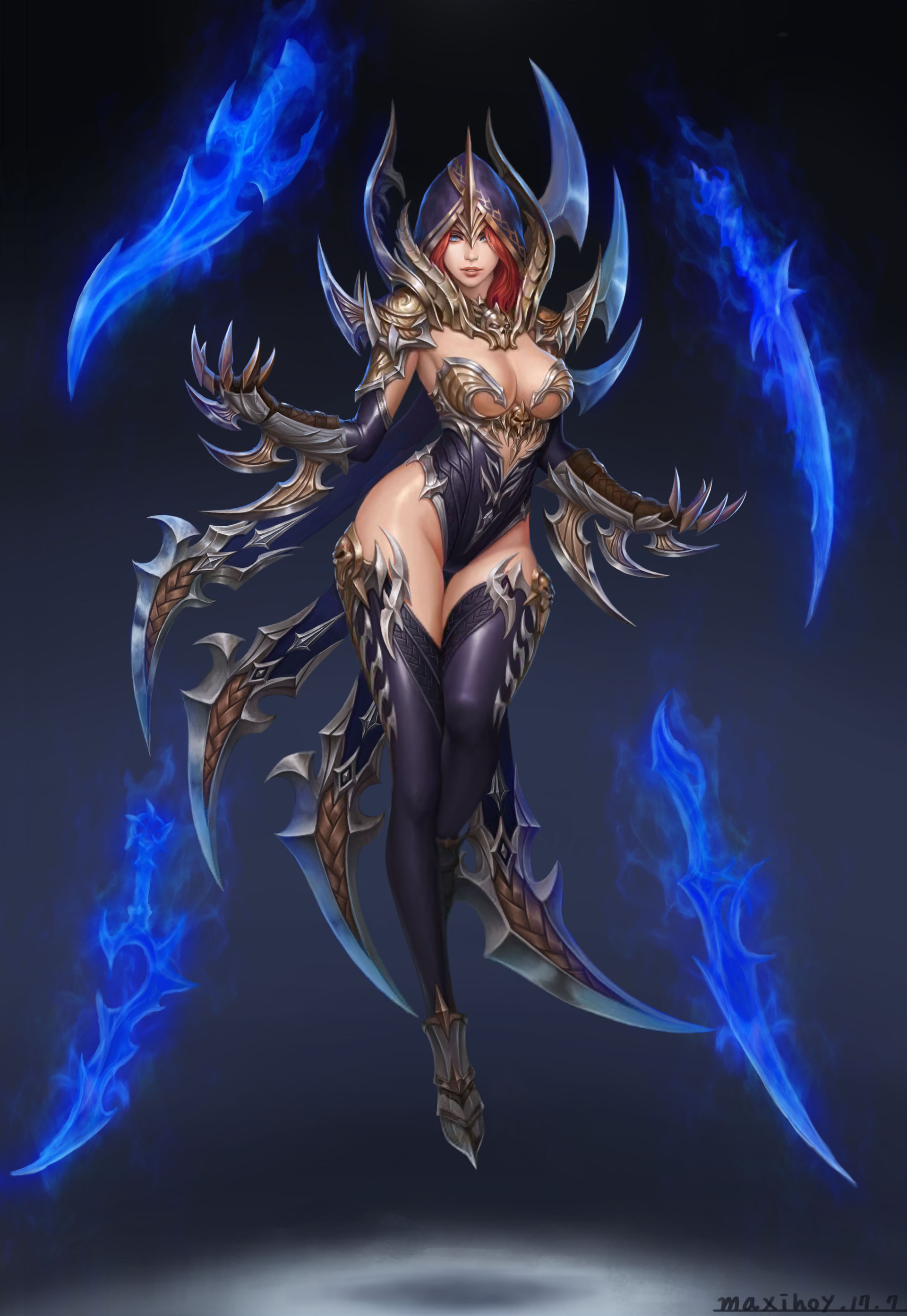 General 1920x2786 Maxi Hoy women hoods blades spikes redhead floating magician spell weapon skimpy clothes armor digital art portrait display watermarked