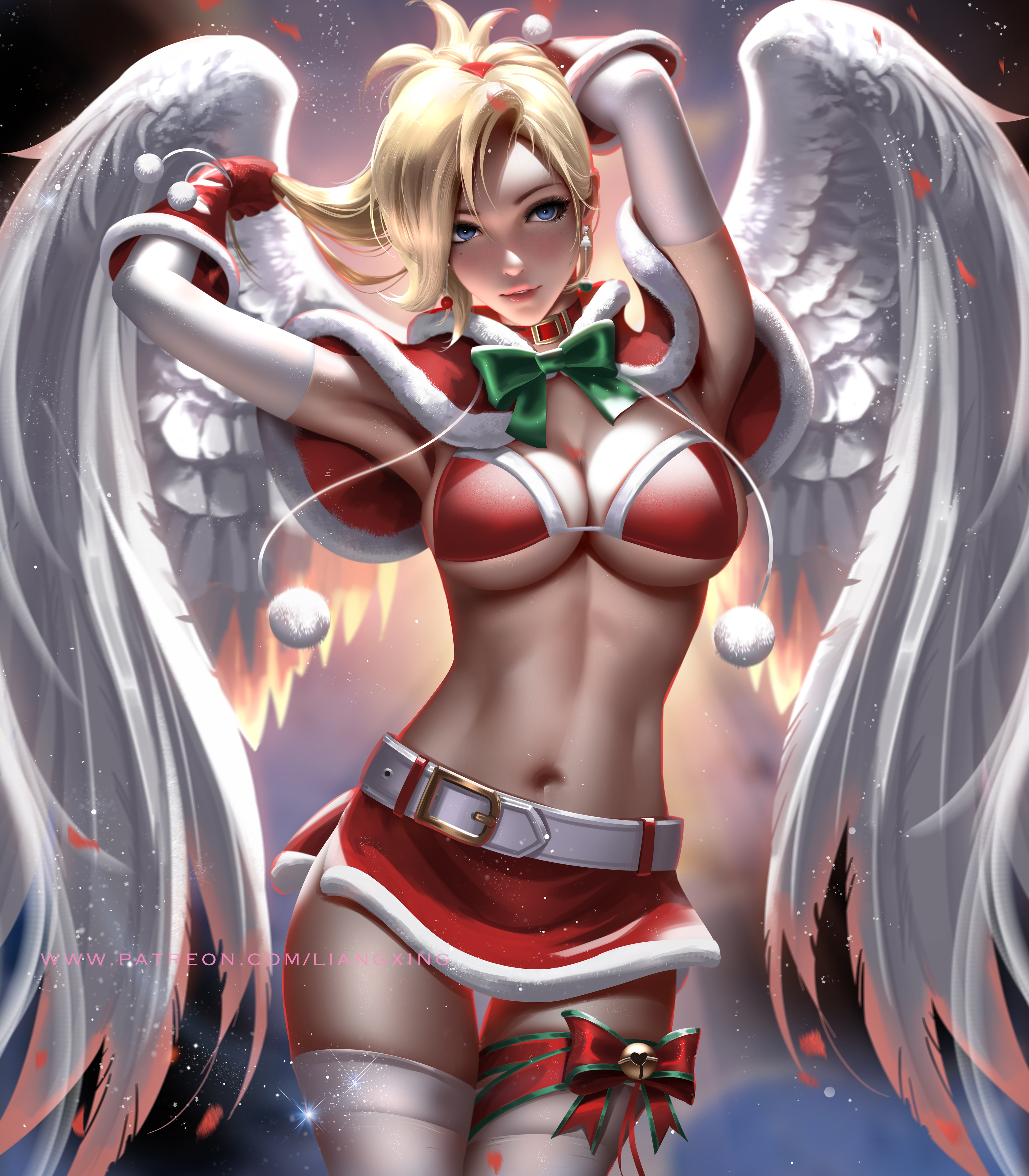 General 3500x4000 Mercy (Overwatch) Overwatch video games video game characters fantasy girl blonde looking at viewer blue eyes collar ribbon santa outfit Santa girl bra underboob belly miniskirt belt the gap stockings white stockings sparks depth of field wings feathers portrait display frontal view Christmas artwork illustration digital art drawing fan art Jason Liang gloves elbow gloves