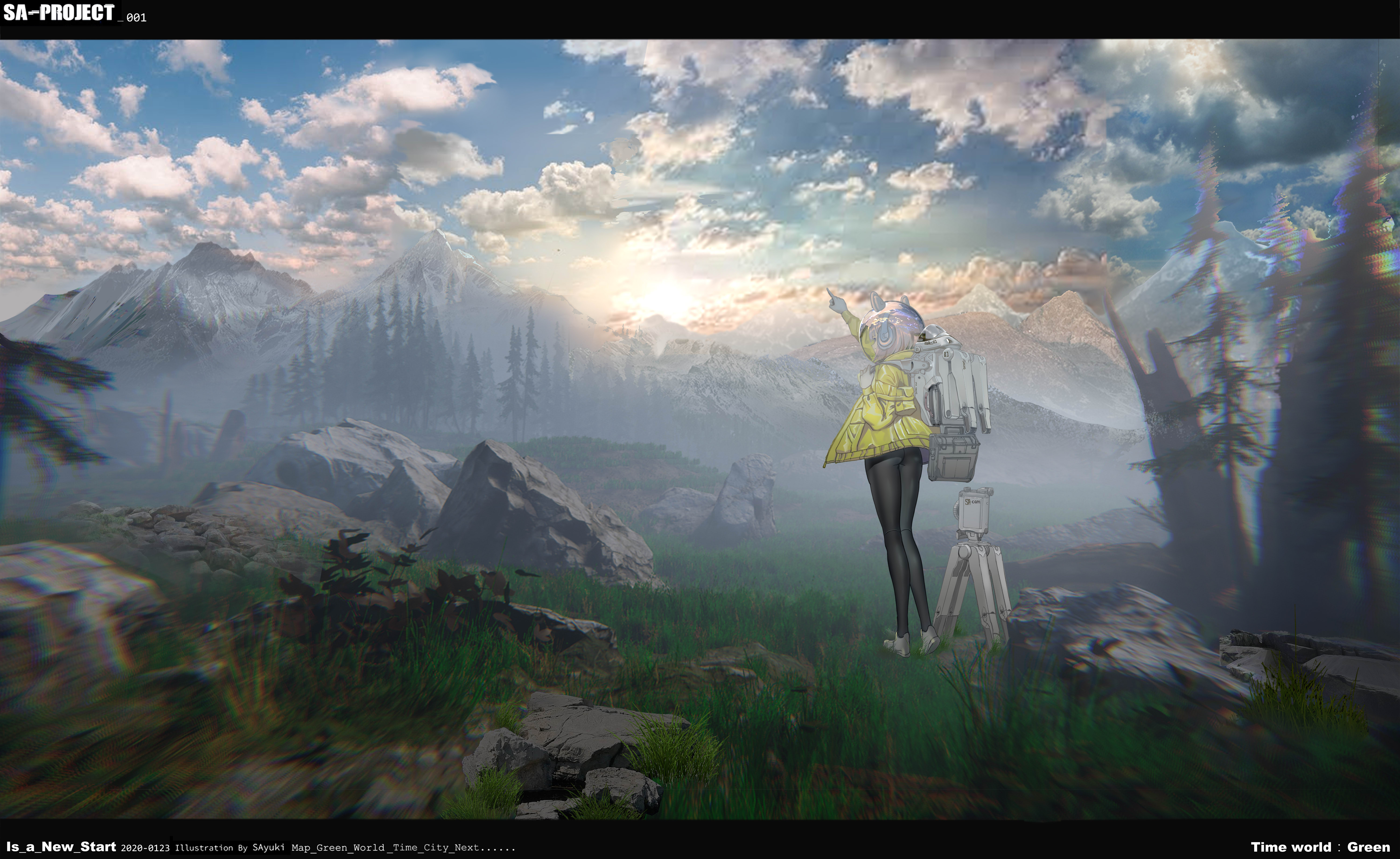 Anime 6000x3681 anime 2D digital art artwork animal ears headphones sky mountains clouds landscape