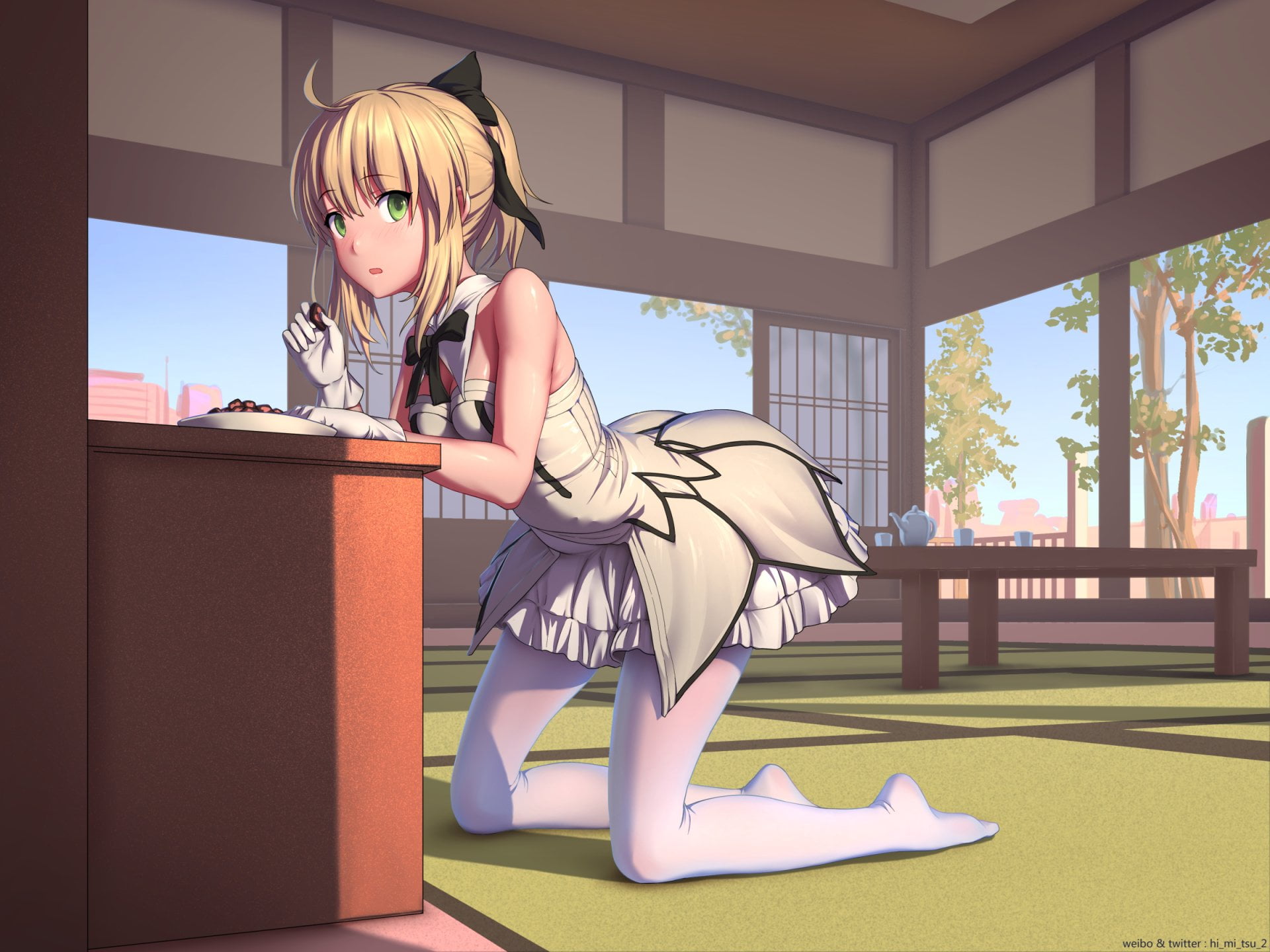 Anime 1920x1440 Saber Fate series knee high socks kneeling eating skirt blonde pantyhose green eyes bent over arched back white pantyhose anime girls anime dress white dress surprised bare shoulders open mouth
