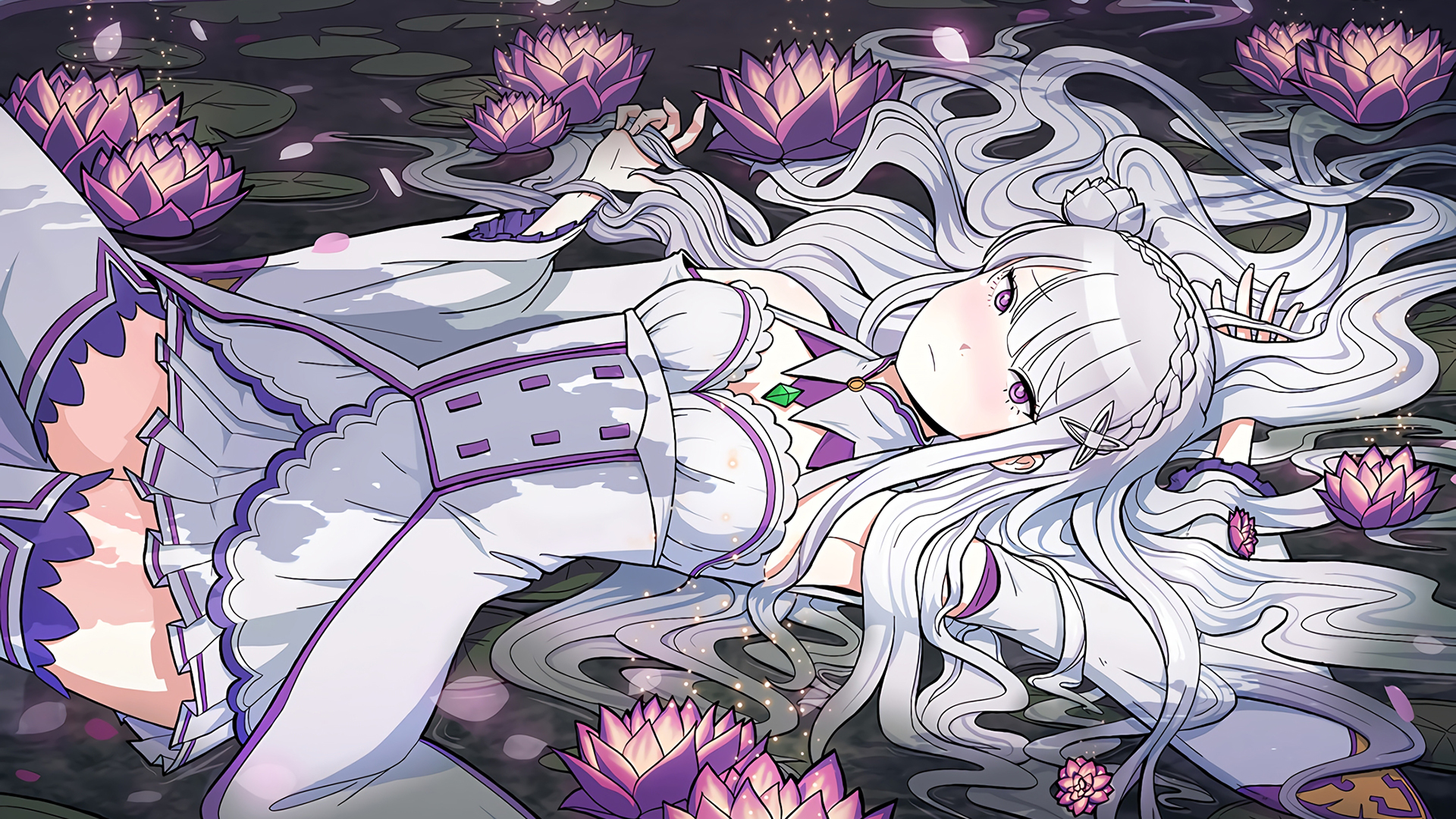 Anime 1920x1080 long hair water white hair water lilies purple eyes Emilia (Re: Zero) Re:Zero Kara Hajimeru Isekai Seikatsu anime