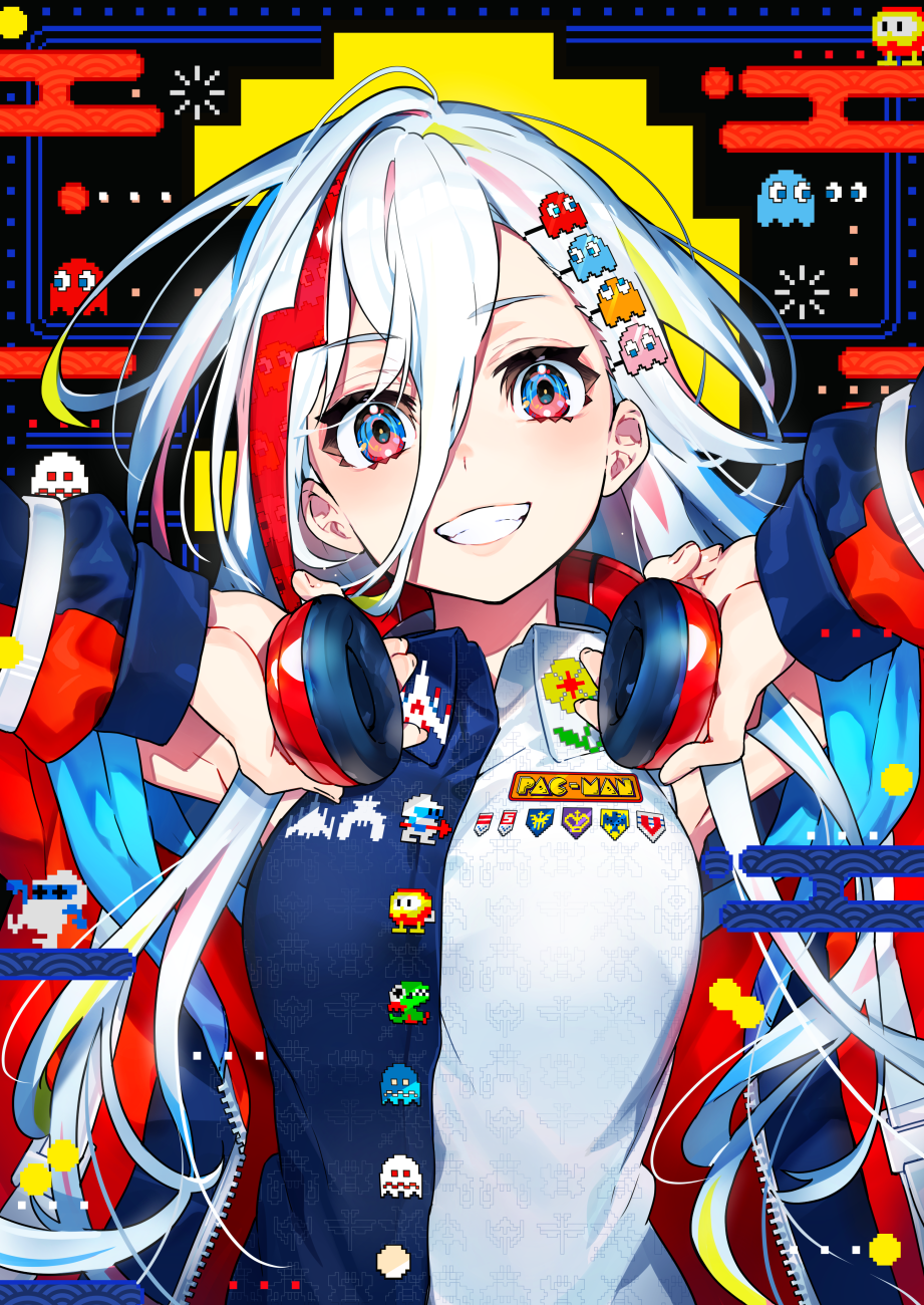 Anime 921x1300 anime anime girls digital art artwork 2D portrait display Pac-Man  mika pikazo smiling white hair red eyes headphones