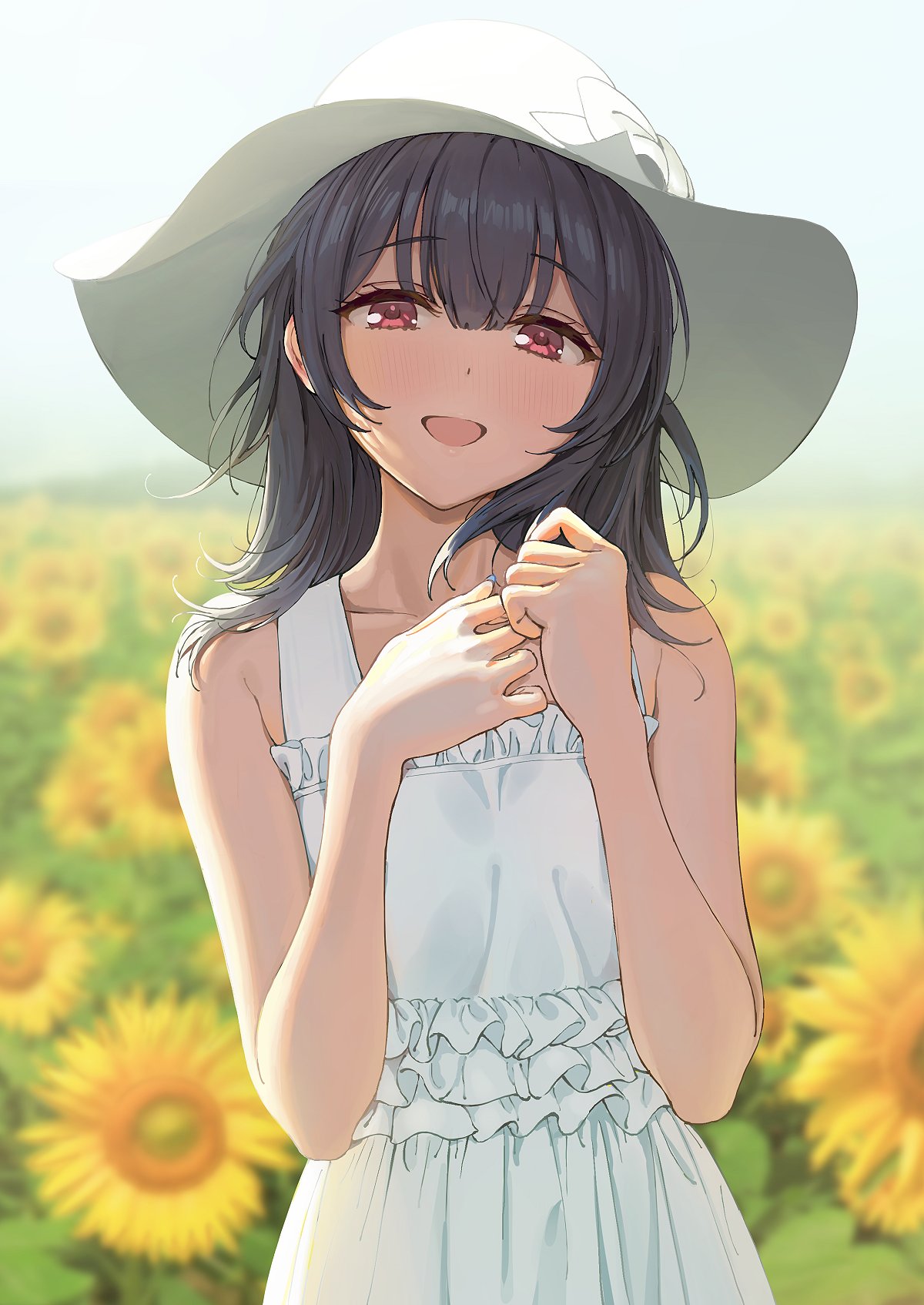 Anime 1200x1694 anime anime girls digital art artwork 2D portrait display sun dress hat sunflowers dark hair red eyes Ameyame Rinze Morino THE iDOLM@STER