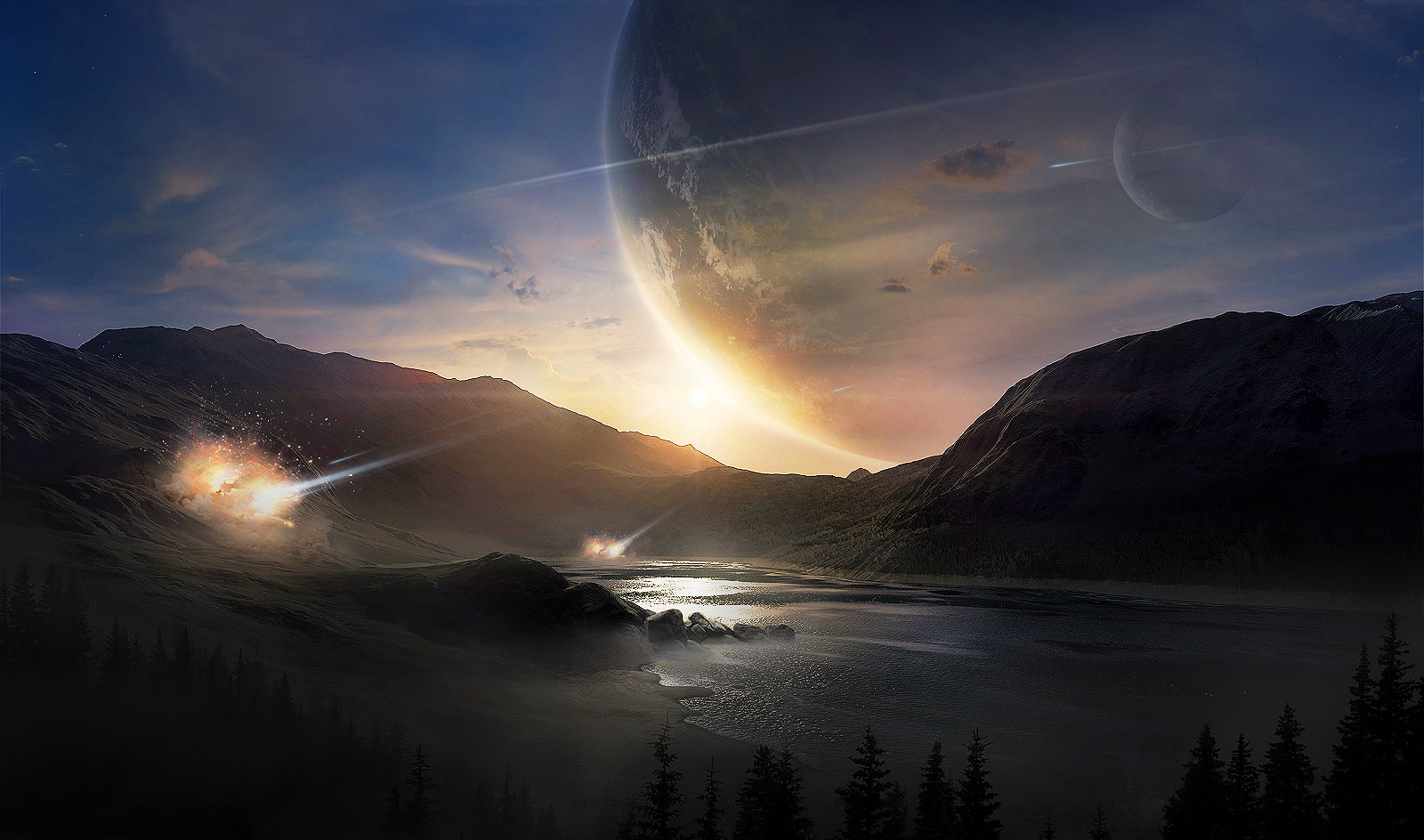 General 1600x944 planet landscape science fiction meteorite trees water mist sky Moon