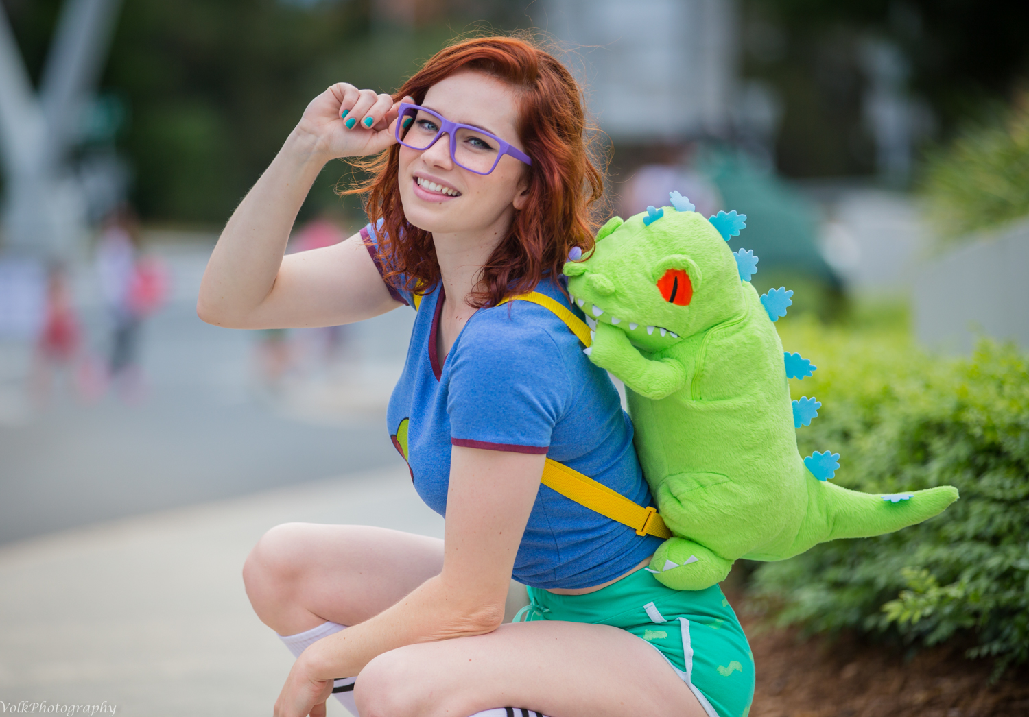 People 1500x1046 Nichameleon women model redhead fake glasses cosplay T-shirt short shorts looking at viewer squatting smiling painted nails backpacks depth of field women outdoors Chuckie Rugrats