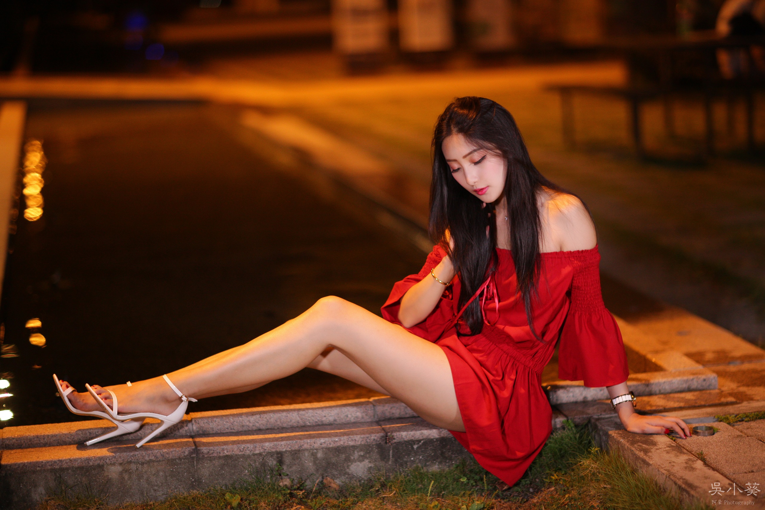 People 2560x1706 Asian women model brunette sitting fountain water night red nails legs high heels dress bare shoulders touching hair women outdoors