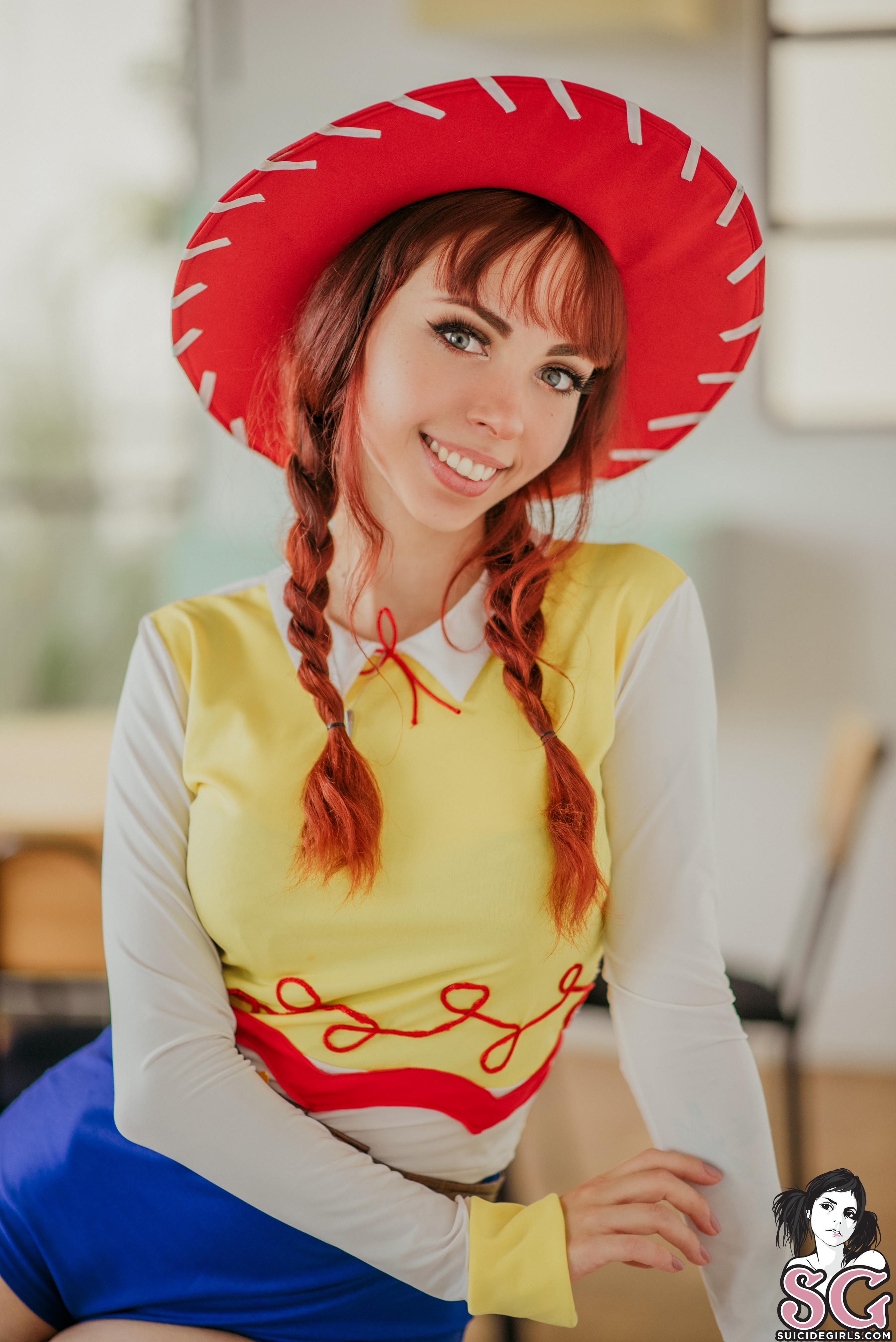 People 2681x4016 Blizzard Suicide women redhead cosplay Toy Story 2 women indoors blouses shorts window blurred Suicide Girls green eyes Jessie (Toy Story)