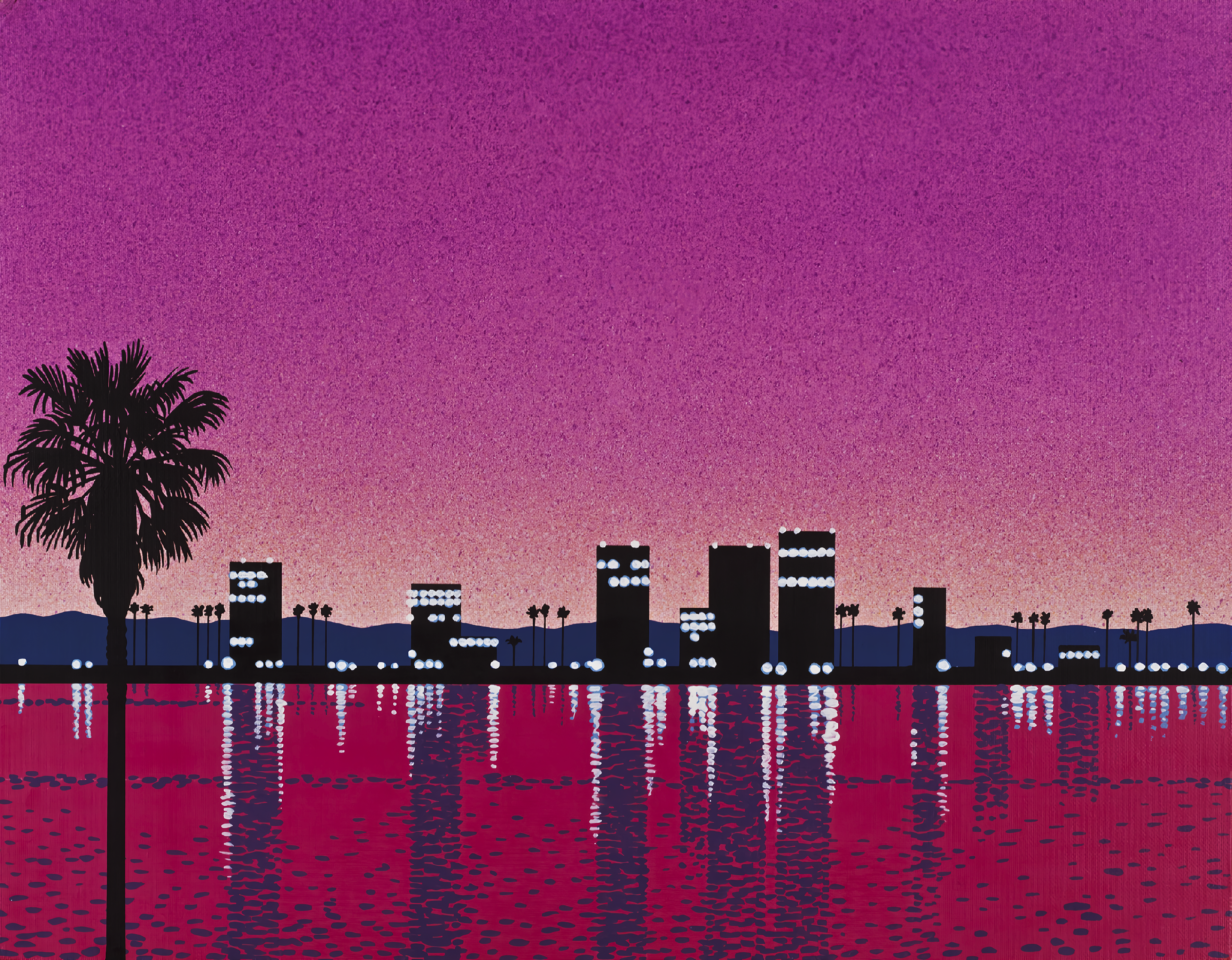 General 3840x2992 Hiroshi Nagai retrowave painting water palm trees cityscape lights pink digital art