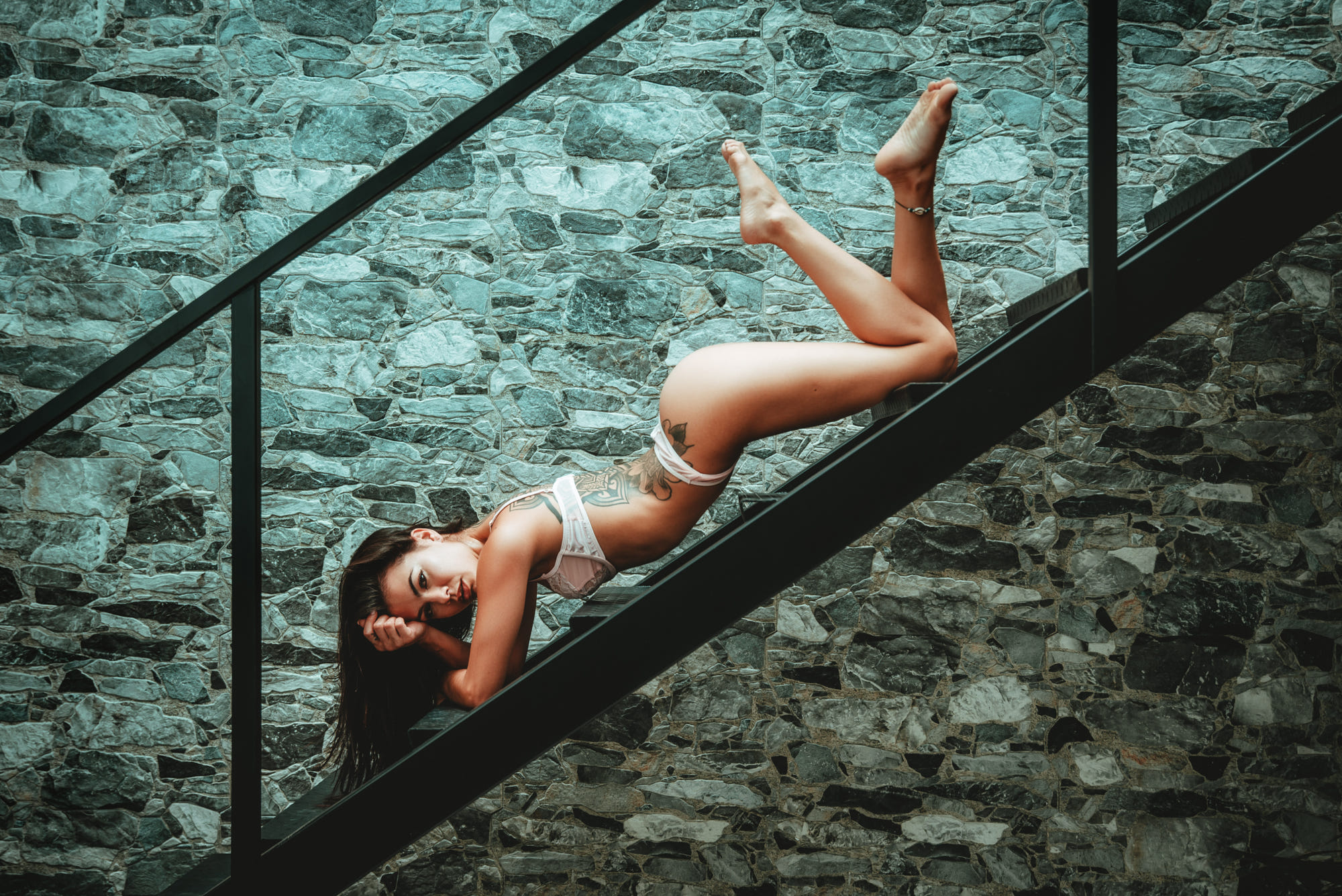 People 2000x1335 women stairs ass brunette tattoo wall arched back white lingerie red lipstick
