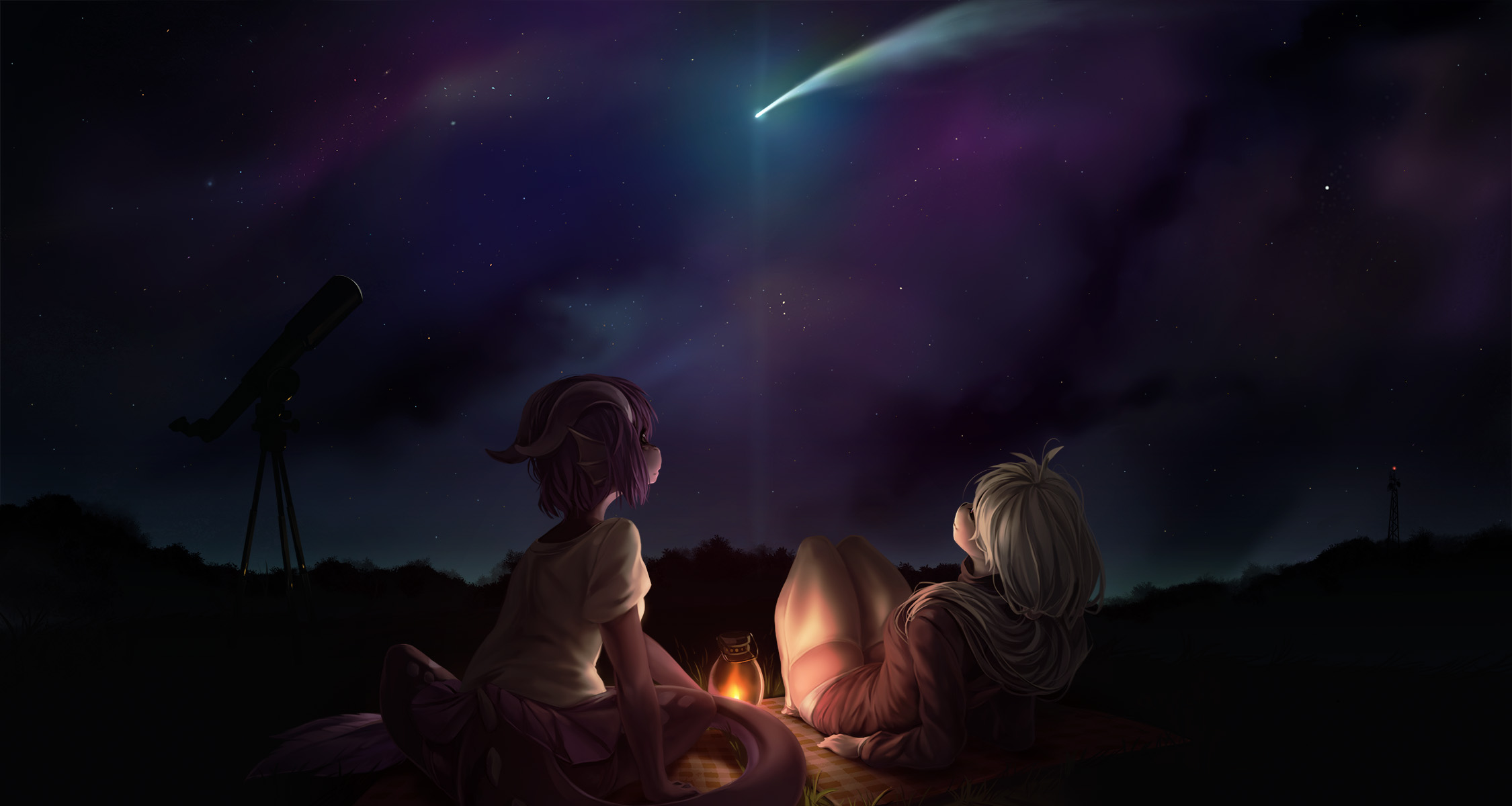 Anime 2250x1200 furry dragon girl stars comet stargazing telescope
