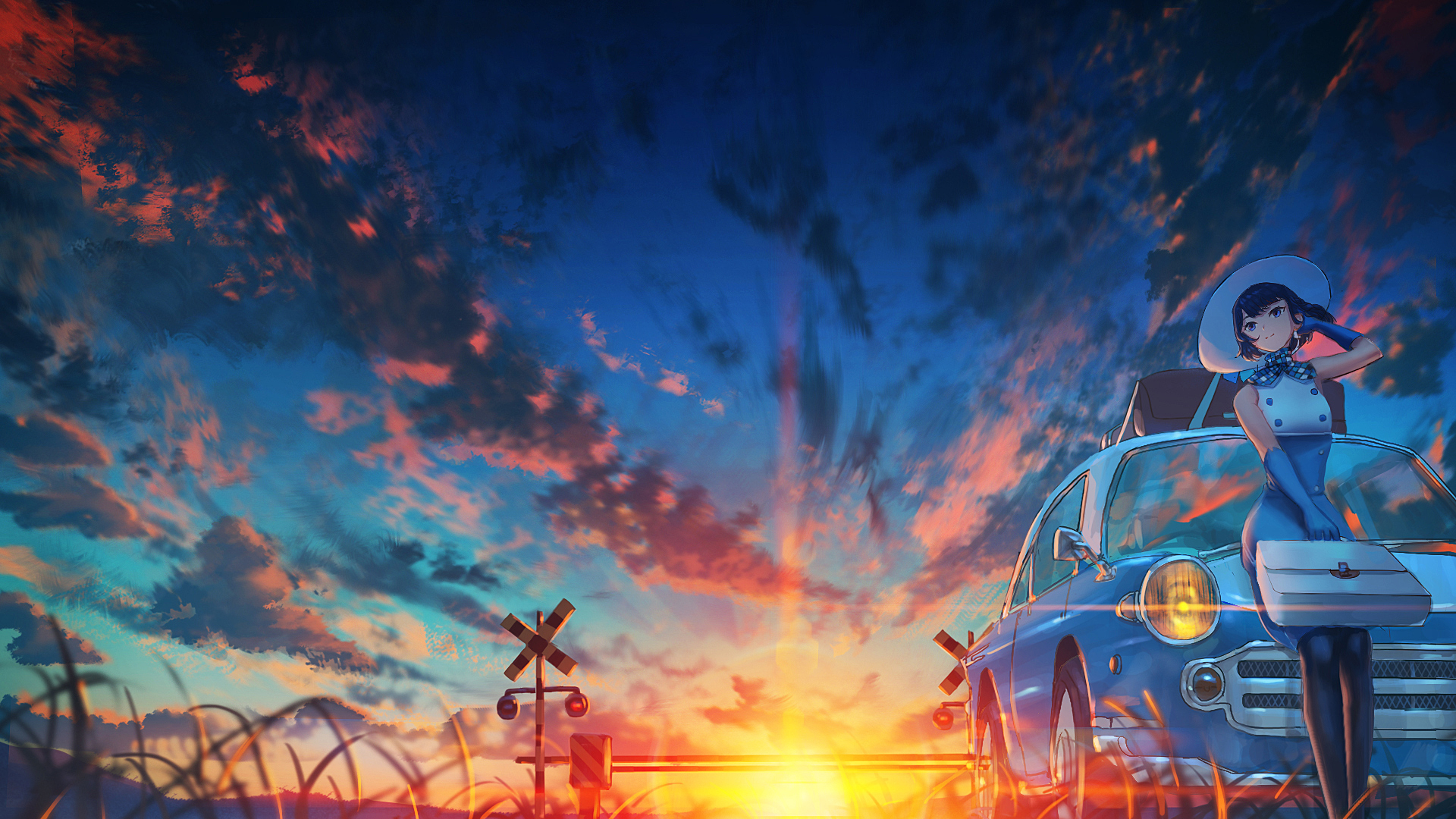 Anime 1920x1080 car clouds sunset railway hat short hair anime