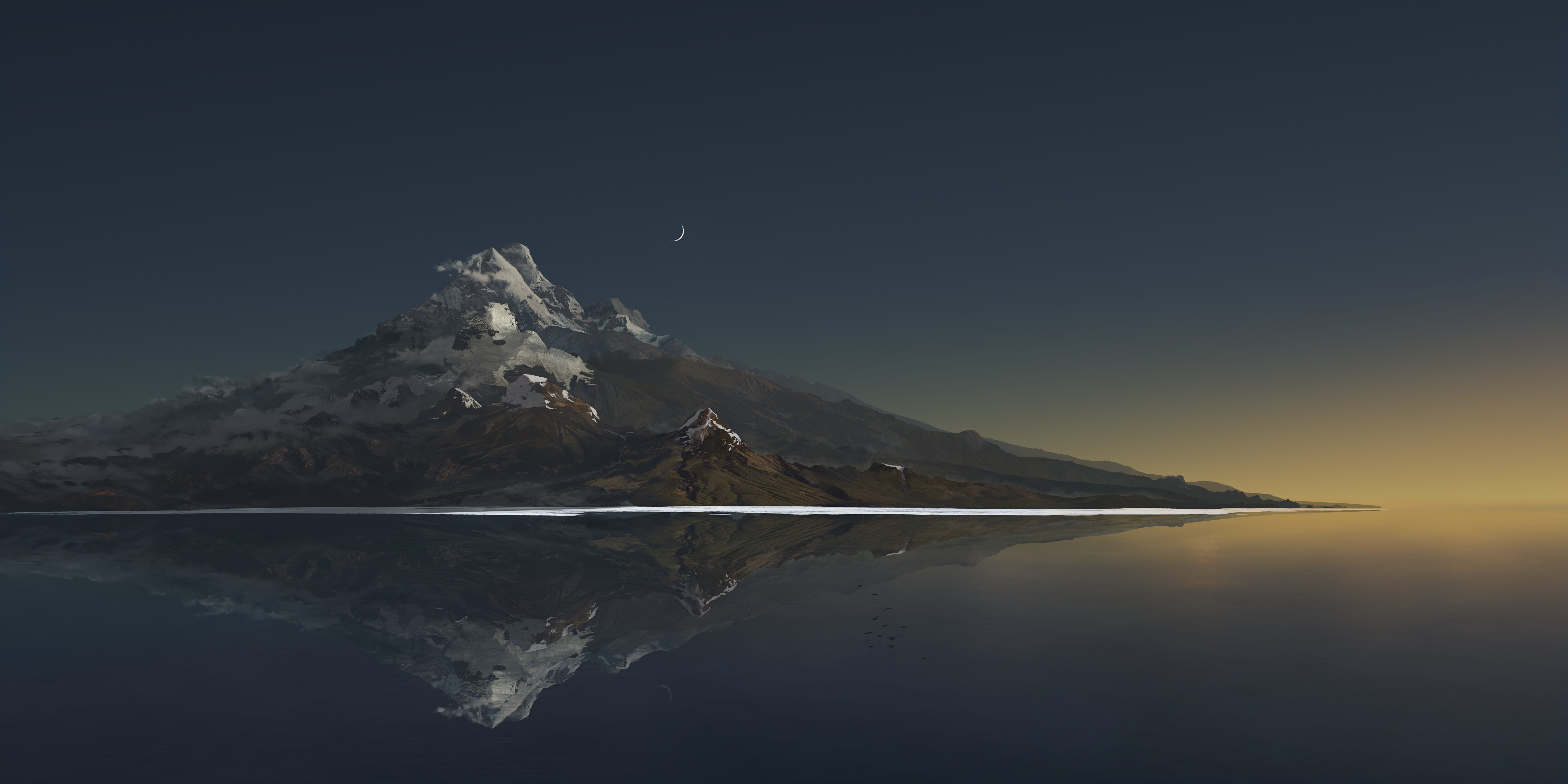mountain top, morning, dawn, nature, digital painting, 4K | 5320x2660  Wallpaper 