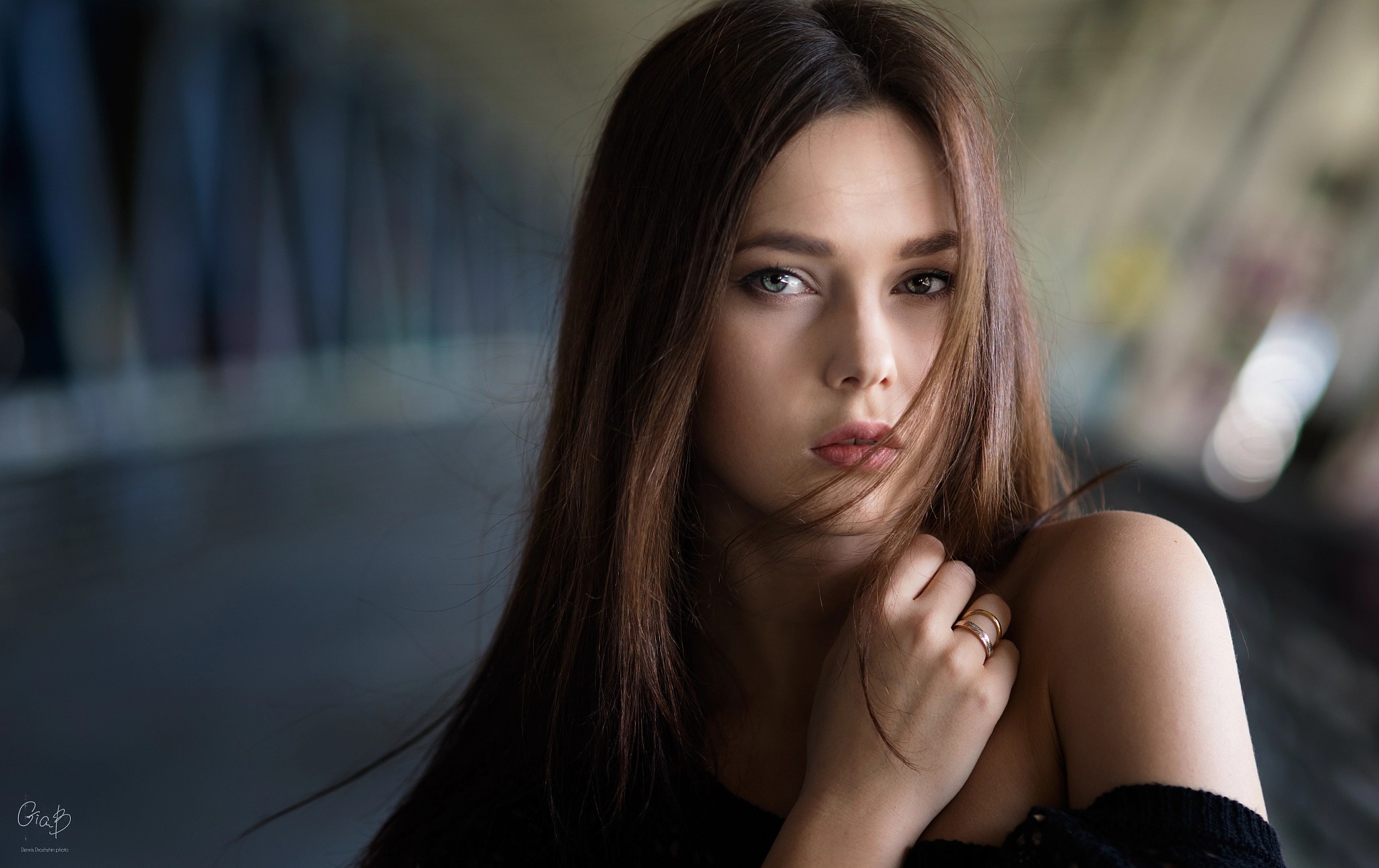 People 2048x1289 Dennis Drozhzhin brunette portrait looking at viewer blurred bokeh face women model bare shoulders gray eyes hair in face photography depth of field