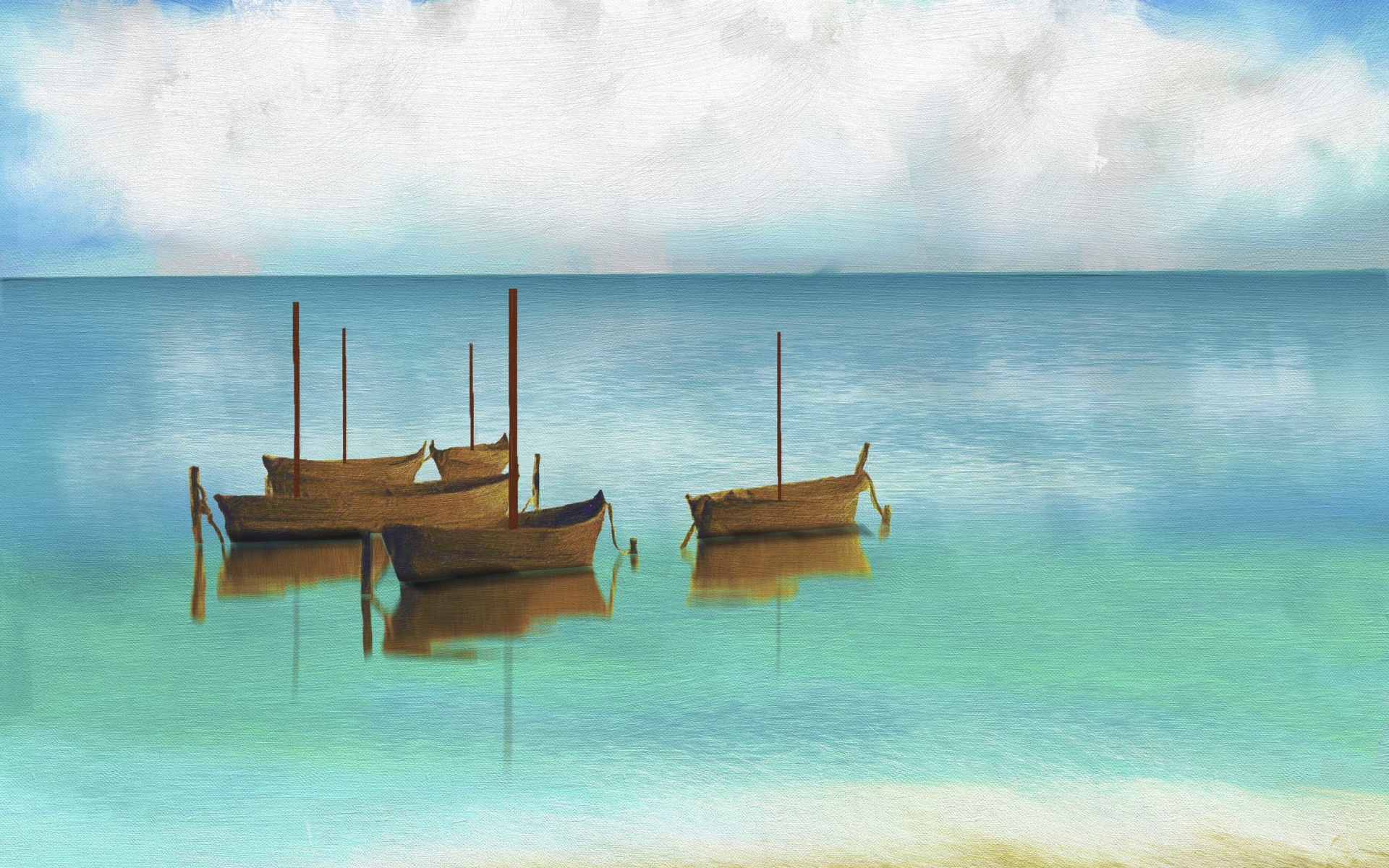 General 1920x1200 boat warm colors digital art painting horizon reflection sea clouds