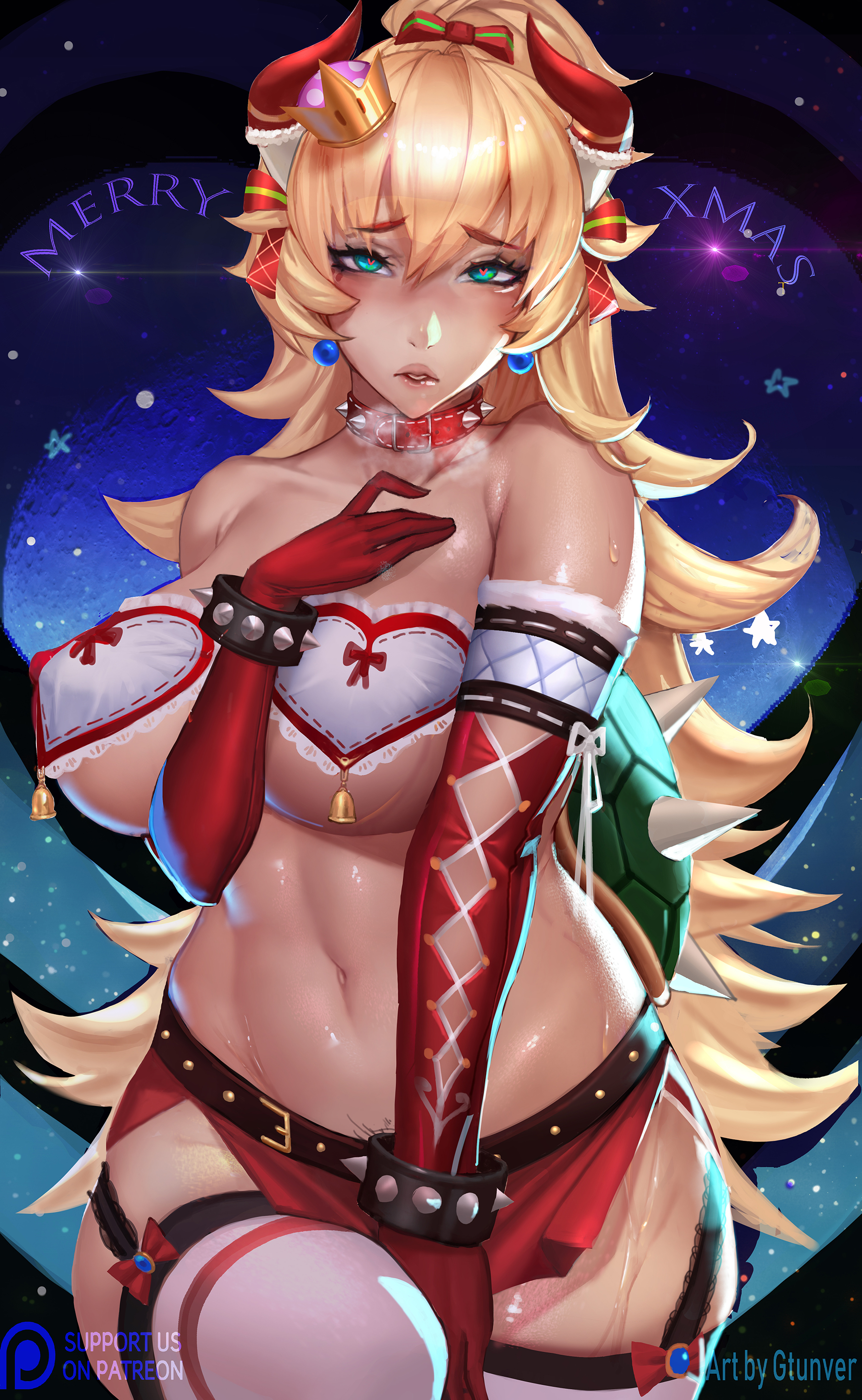Anime 1800x2924 Christmas Bowsette bra holding boobs gtunver horns New Super Mario Bros. 2 stockings thigh-highs big boobs
