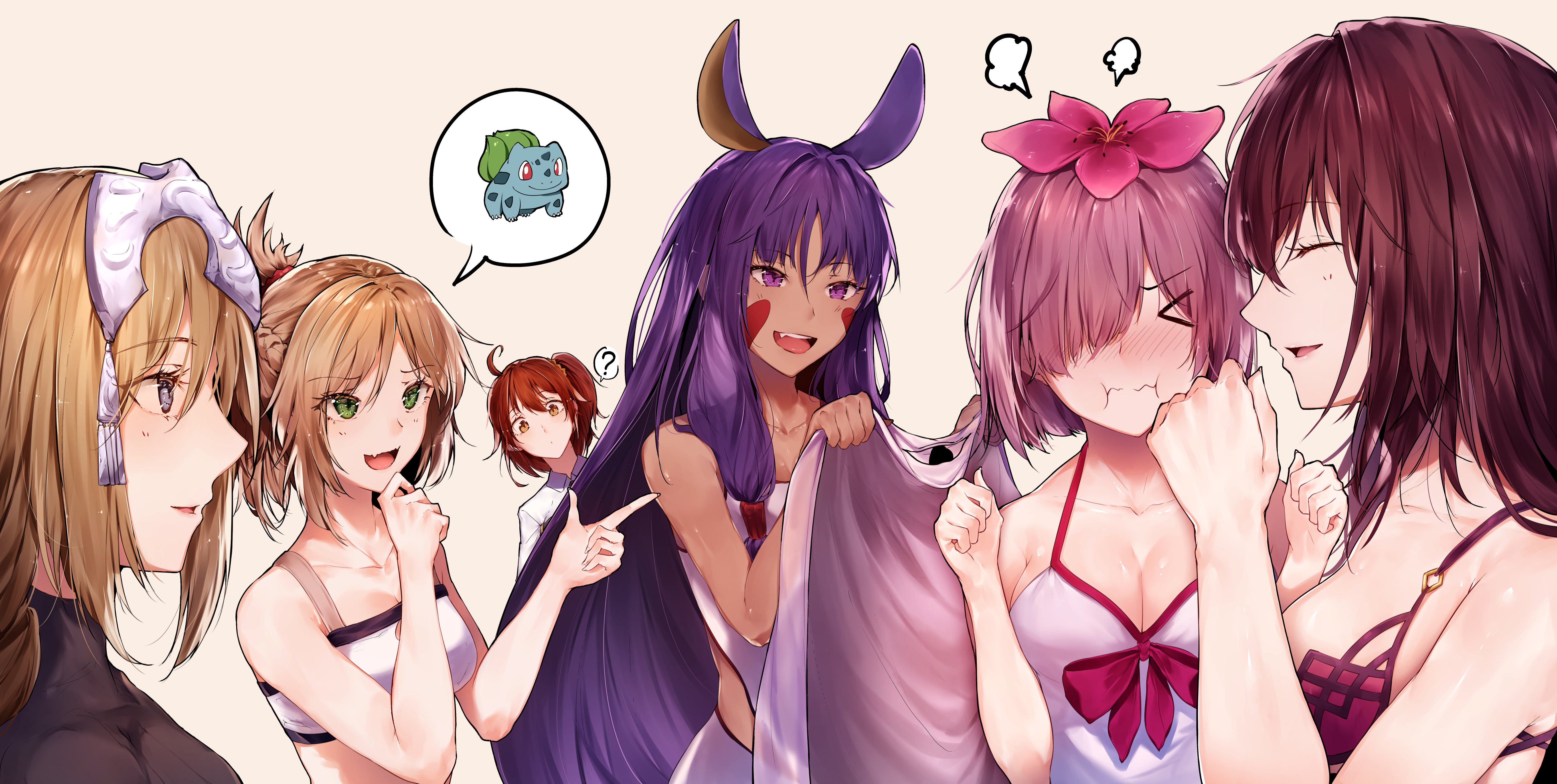 Anime 5459x2750 anime girls anime Fate/Grand Order Nitocris (Fate/Grand Order) Mordred (Fate/Apocrypha) Mash Kyrielight Fate series Scathach Jeanne d'Arc (Fate) Fujimaru Ritsuka artwork hplay blushing smiling speech bubble question mark Pokémon group of women flower in hair crossover
