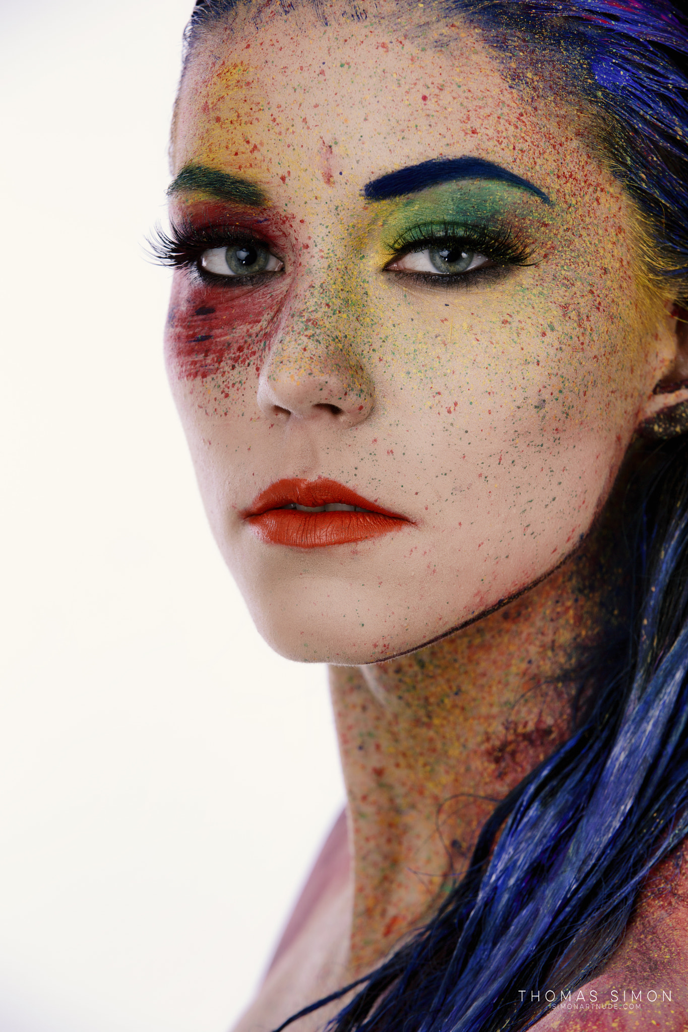 People 1365x2048 Thomas Simon women blue hair looking at viewer body paint face paint colorful makeup lipstick splatter simple background eyeliner face