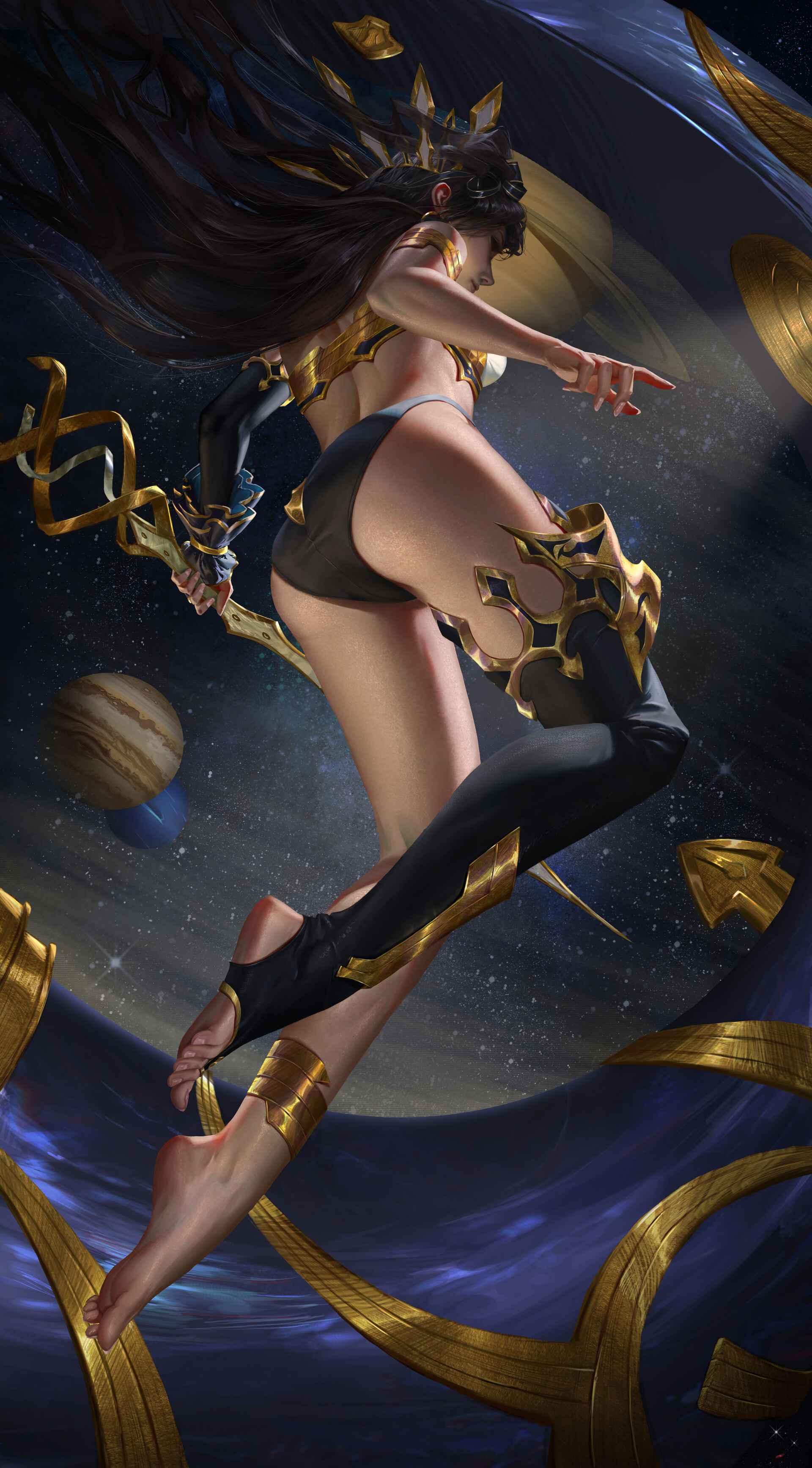 Anime 1920x3470 Fate/Grand Order Fate series Ishtar (Fate/Grand Order) anime girls fan art digital art anime video games portrait display black hair long hair weapon space planet low-angle
