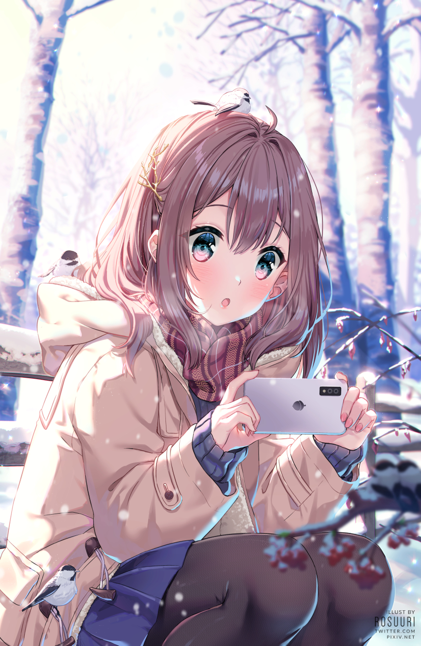 Anime 850x1303 anime anime girls digital art artwork 2D portrait display Rosuuri brunette blushing smartphone squatting snow birds