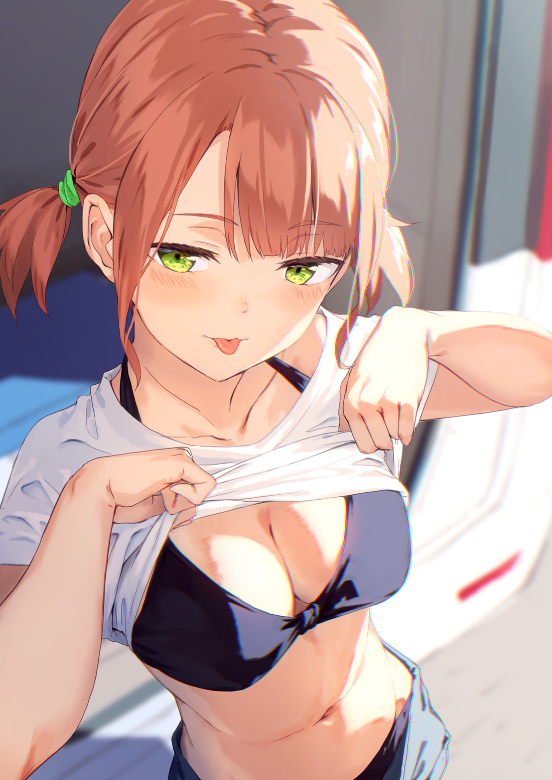 Anime 1100x1553 anime green eyes tongue out twintails blushing looking at viewer bra lifting shirt Kinta